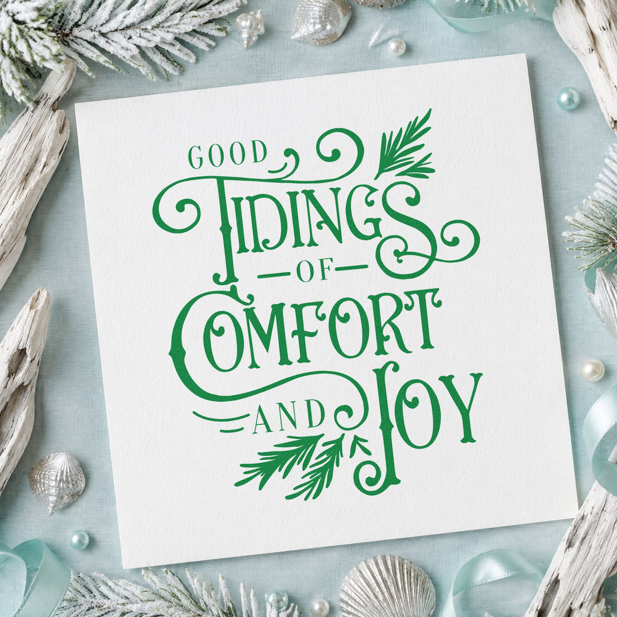 Good Tidings Comfort Joy craft stamp imprint in green ink on a handmade project, one idea being corporate gift tags.