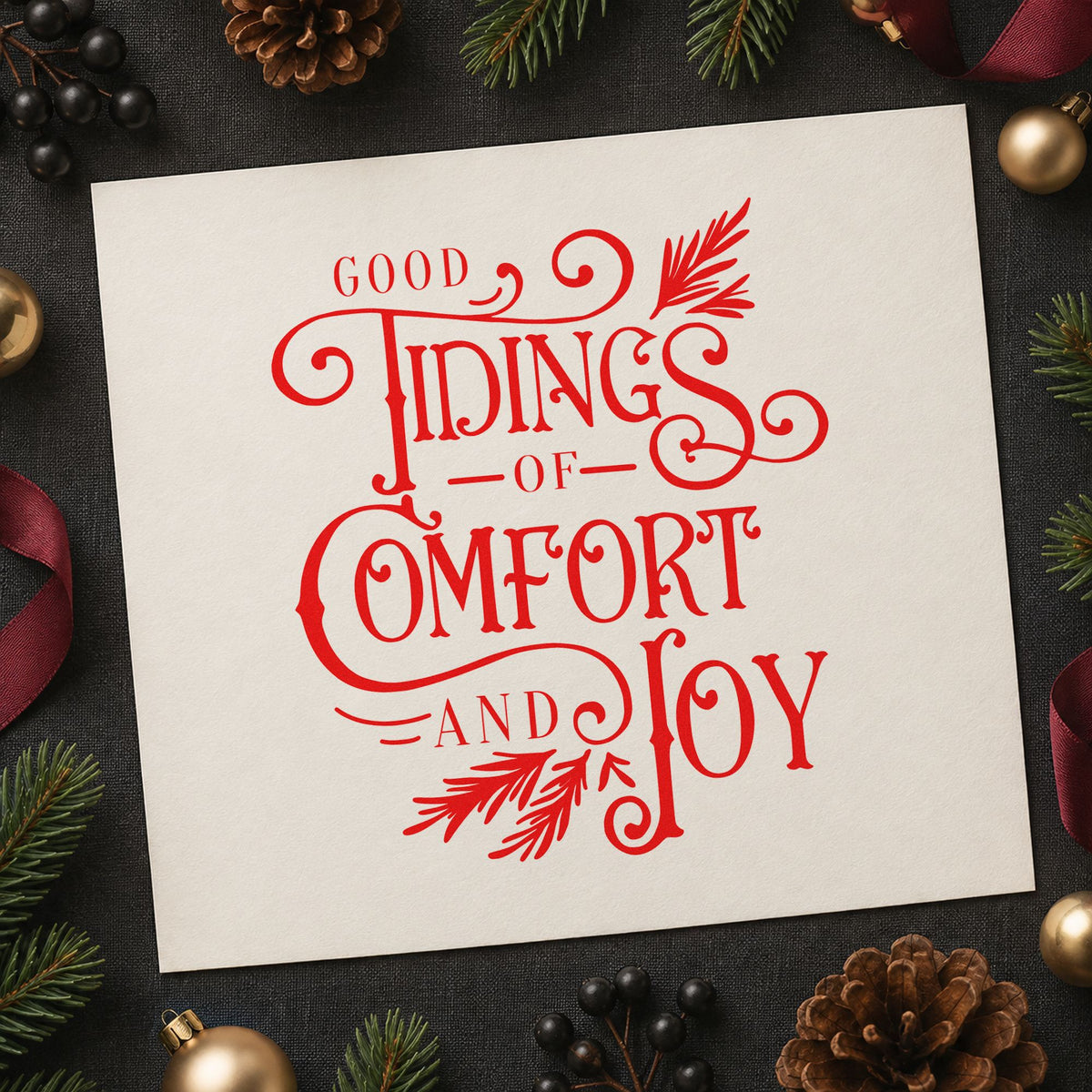 Good Tidings Comfort Joy craft stamp in red ink on cardstock, an easy option for linen napkin printing.