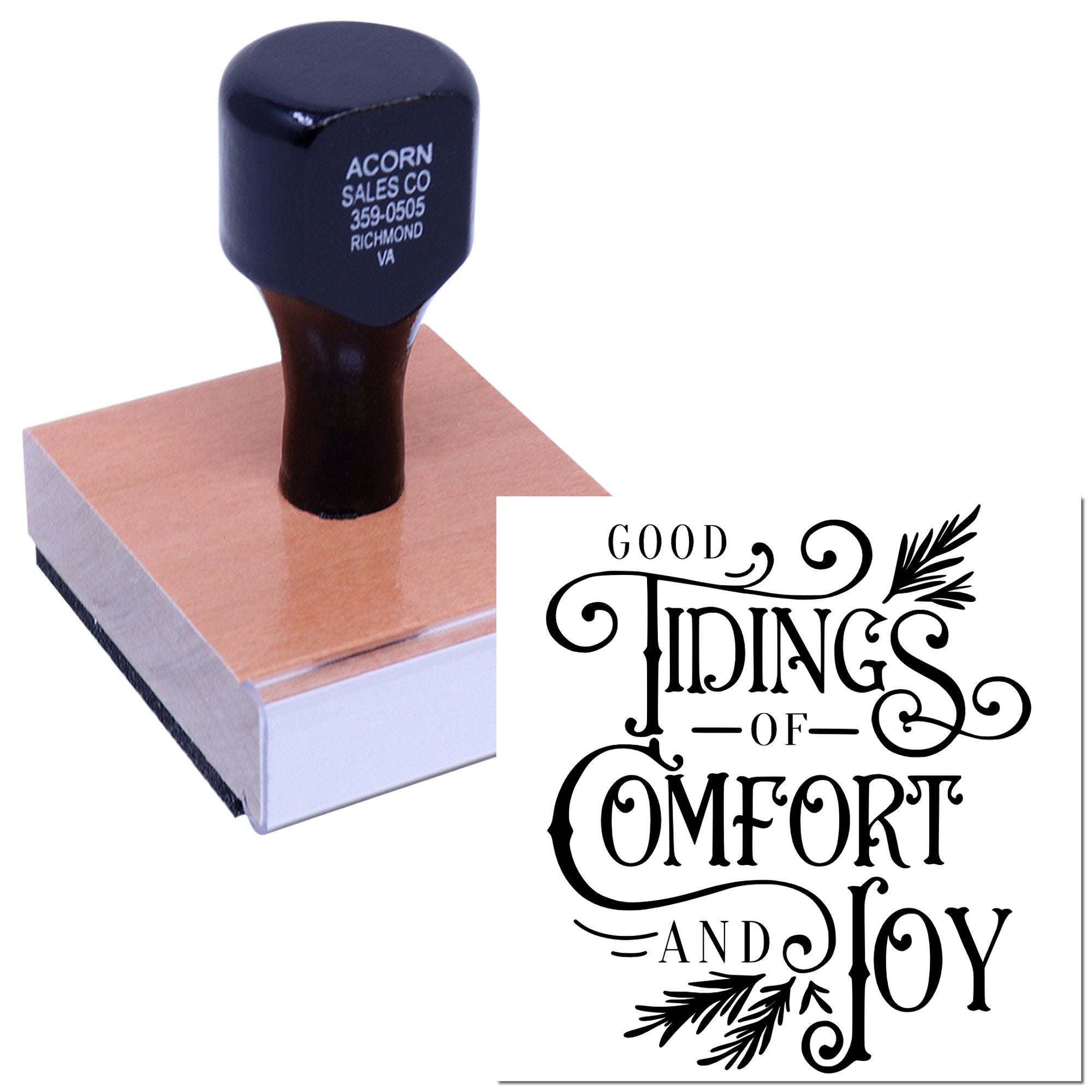 Custom holiday rubber stamp with Good Tidings of Comfort and Joy design for festive cards, crafts and gift wrapping.