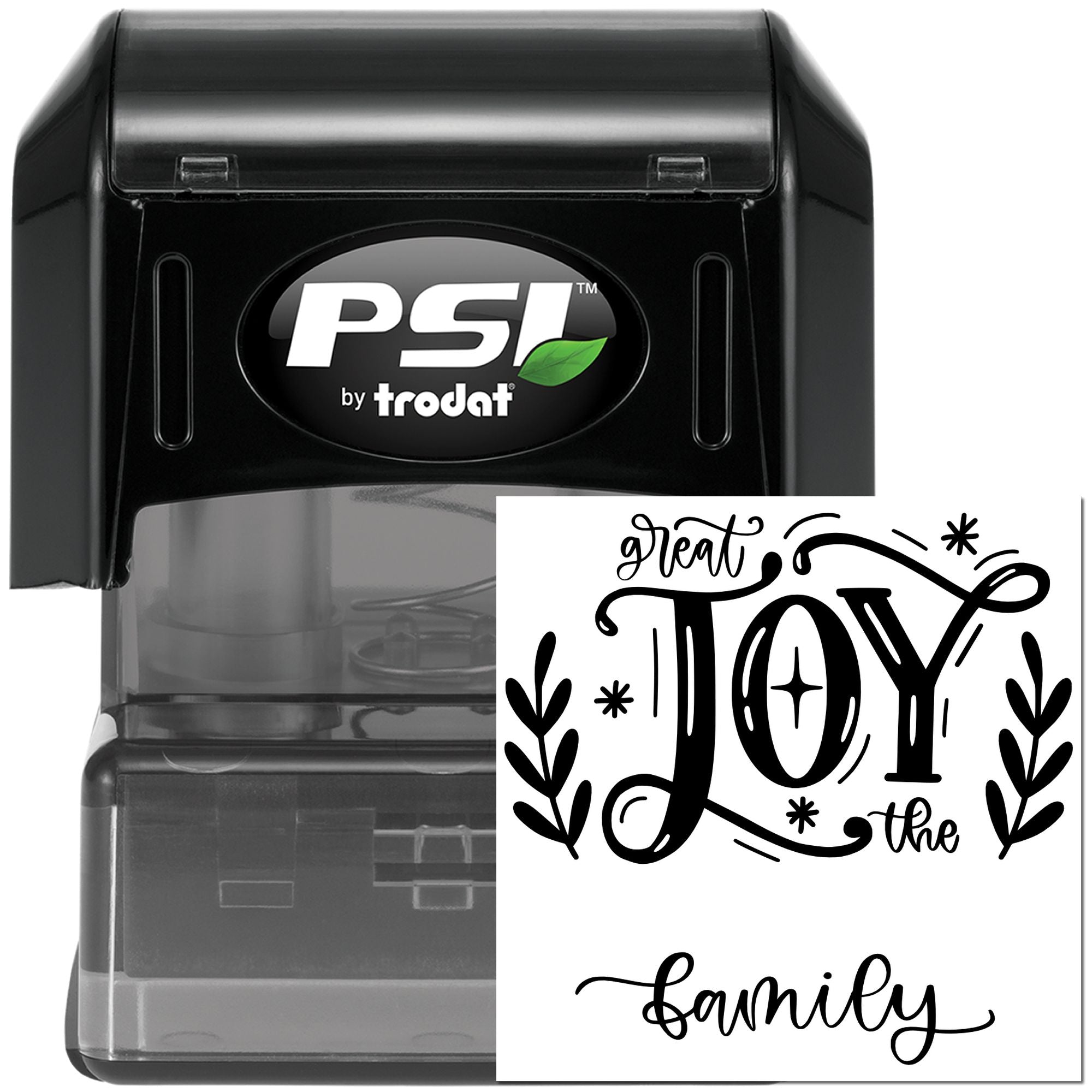 PSI by Trodat self-inking rubber stamp featuring Great Joy the Family decorative holiday design for custom crafts and stamping.