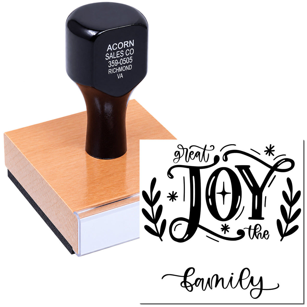 Wood-mounted rubber stamp with great JOY the family design for holiday crafts, cards, and custom handmade projects.