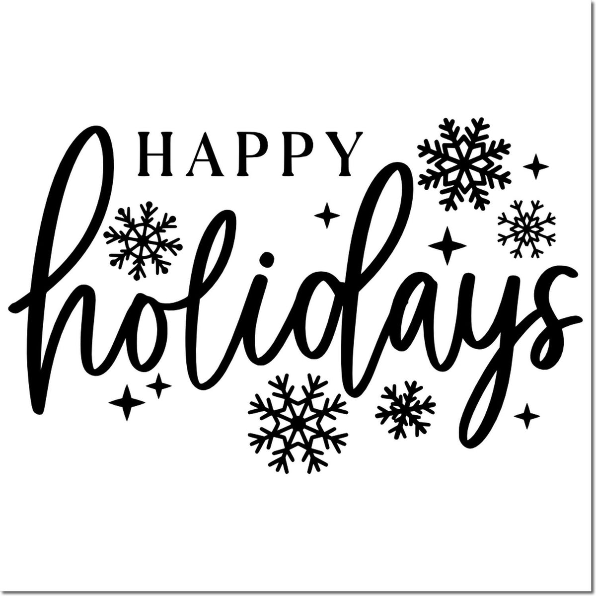 Happy Holidays rubber stamp design with snowflakes for festive holiday cards, crafts, and seasonal packaging