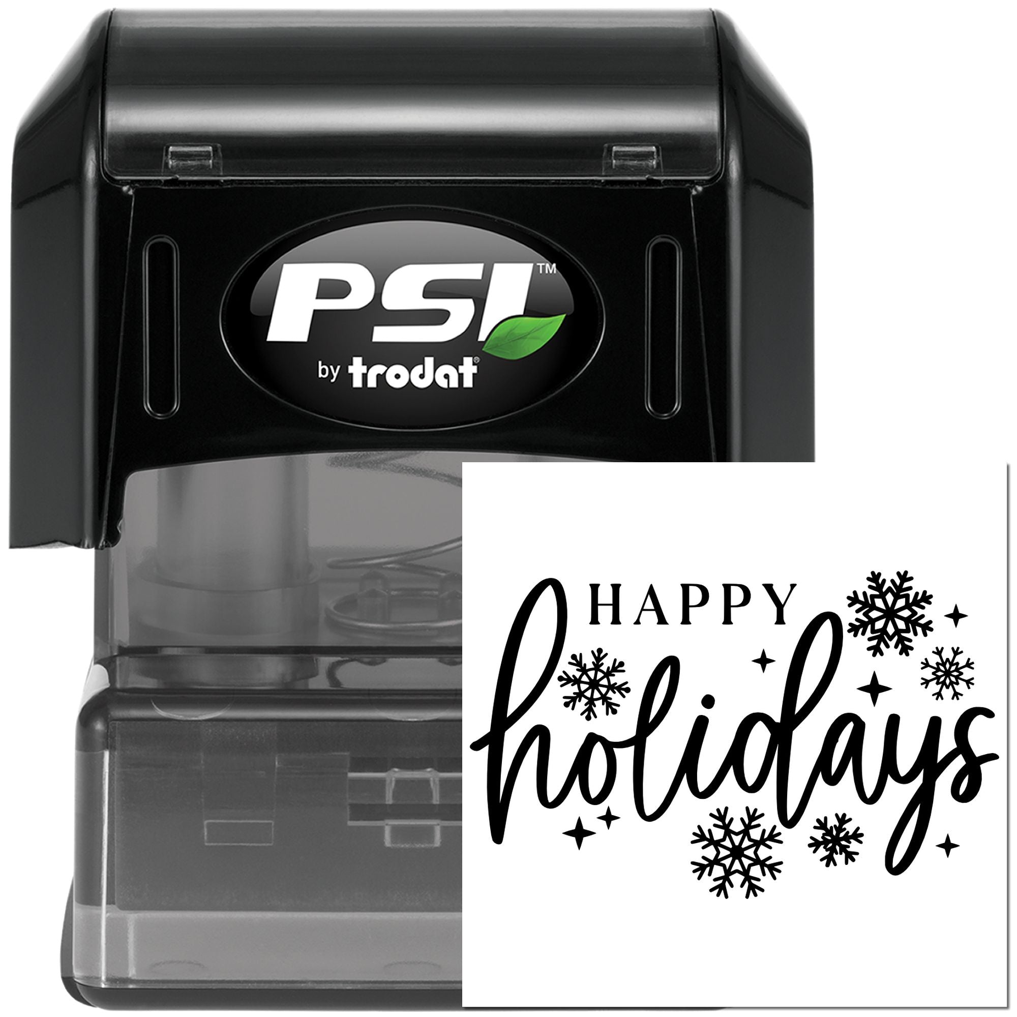 PSI by Trodat self-inking rubber stamp with Happy Holidays snowflake design for seasonal cards, gifts, and packaging