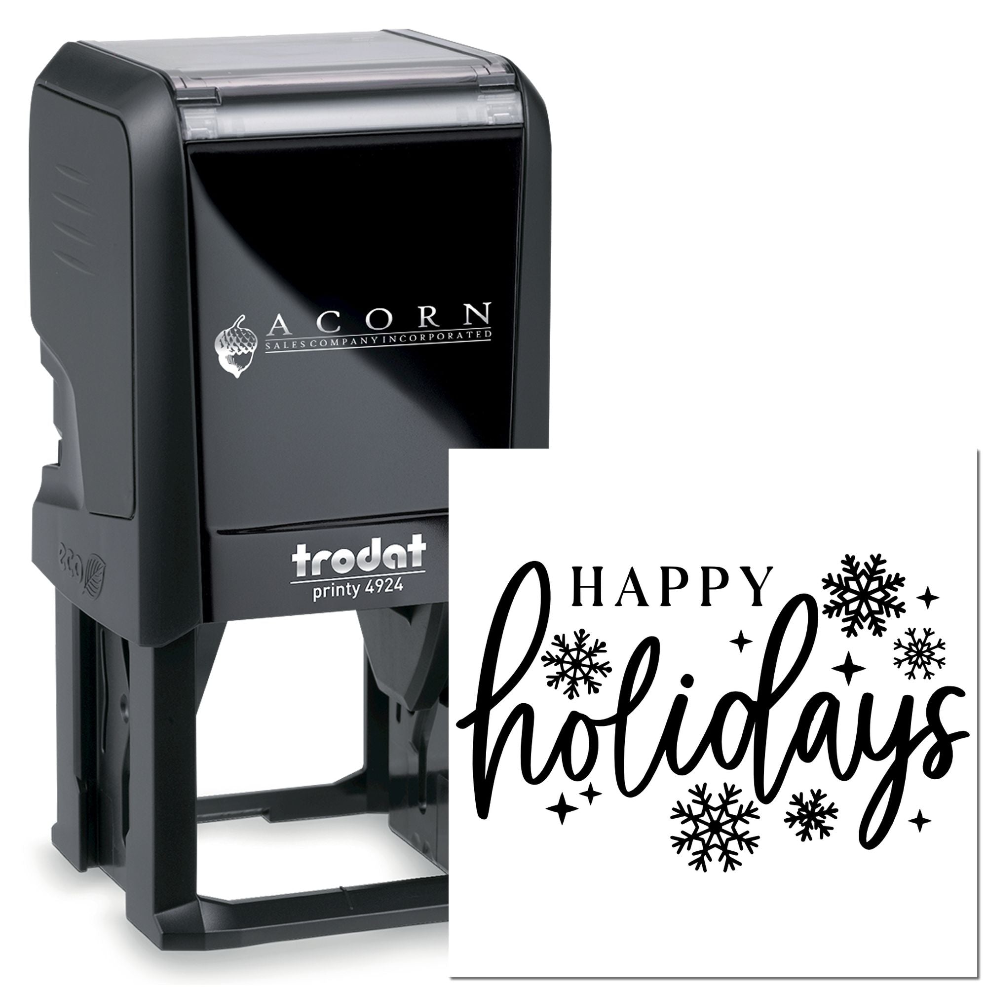 Happy Holidays self-inking rubber stamp, Trodat Printy 4924, with snowflakes for custom seasonal business mailings.