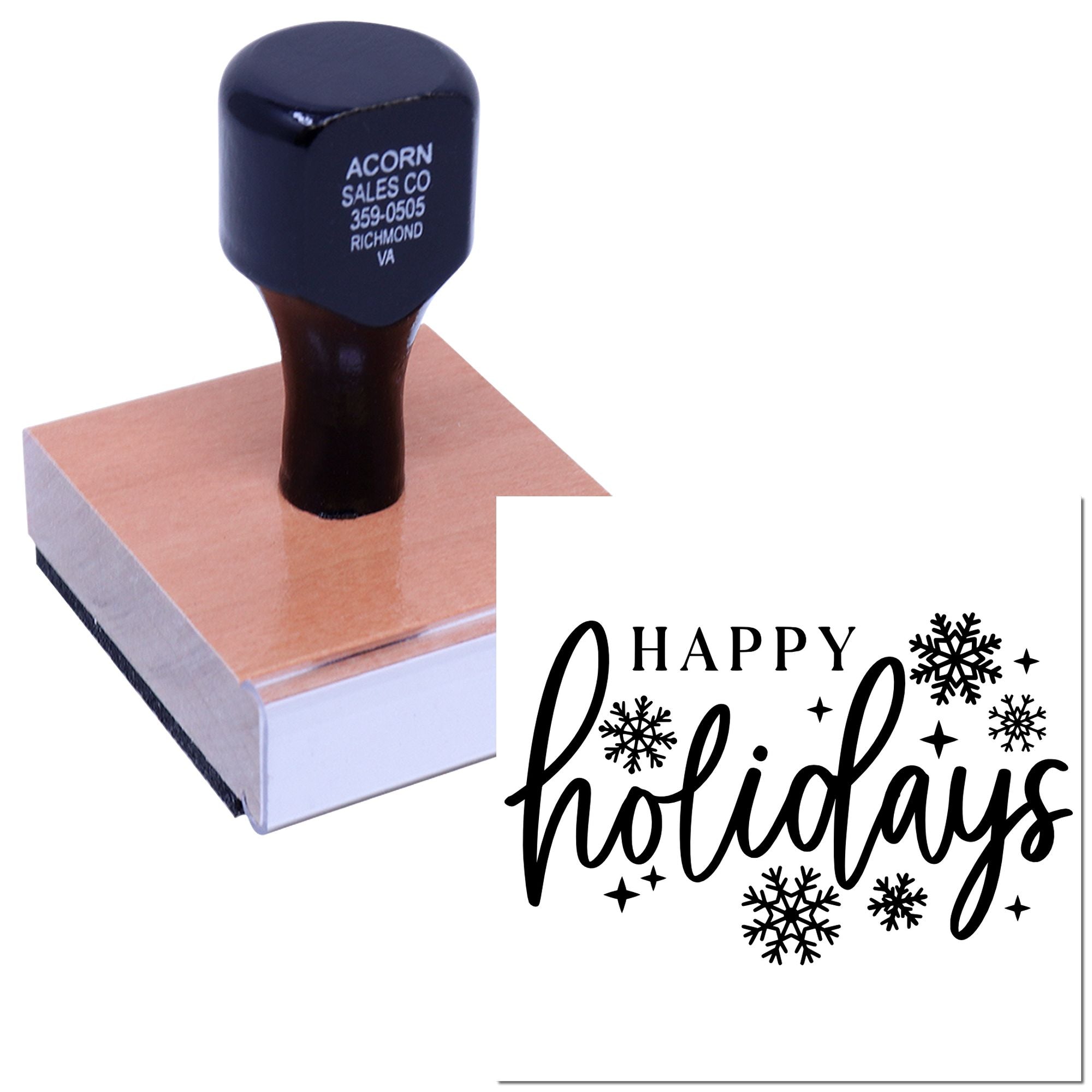 Custom rubber stamp with Happy Holidays snowflake design for seasonal card making, business branding, and packaging.