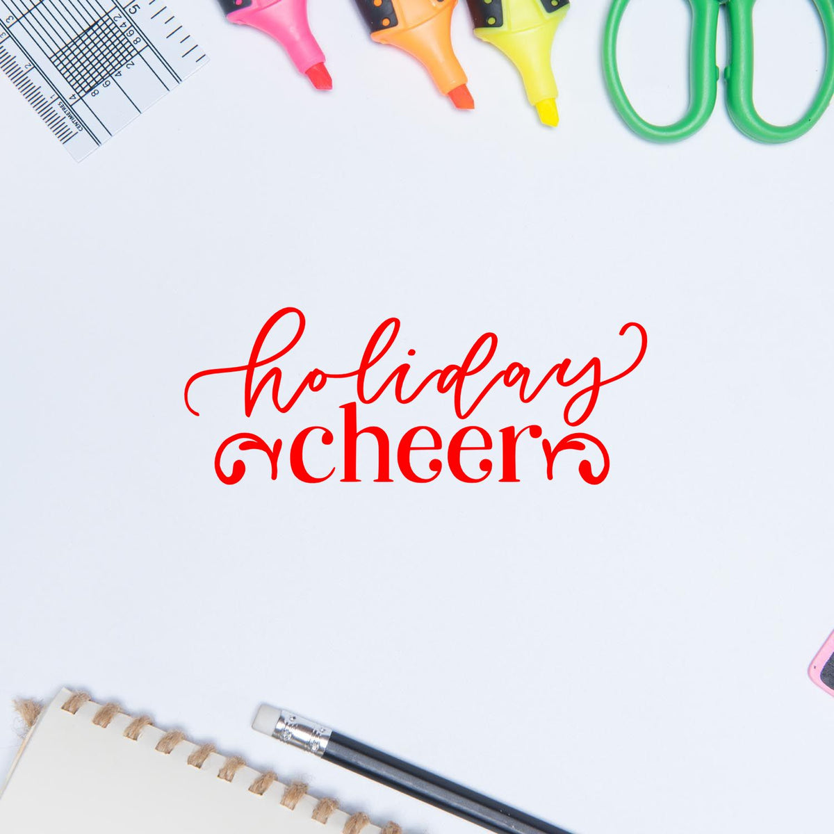 Holiday Cheer rubber stamp design in red script, perfect for festive handmade cards, crafts, and holiday packaging.