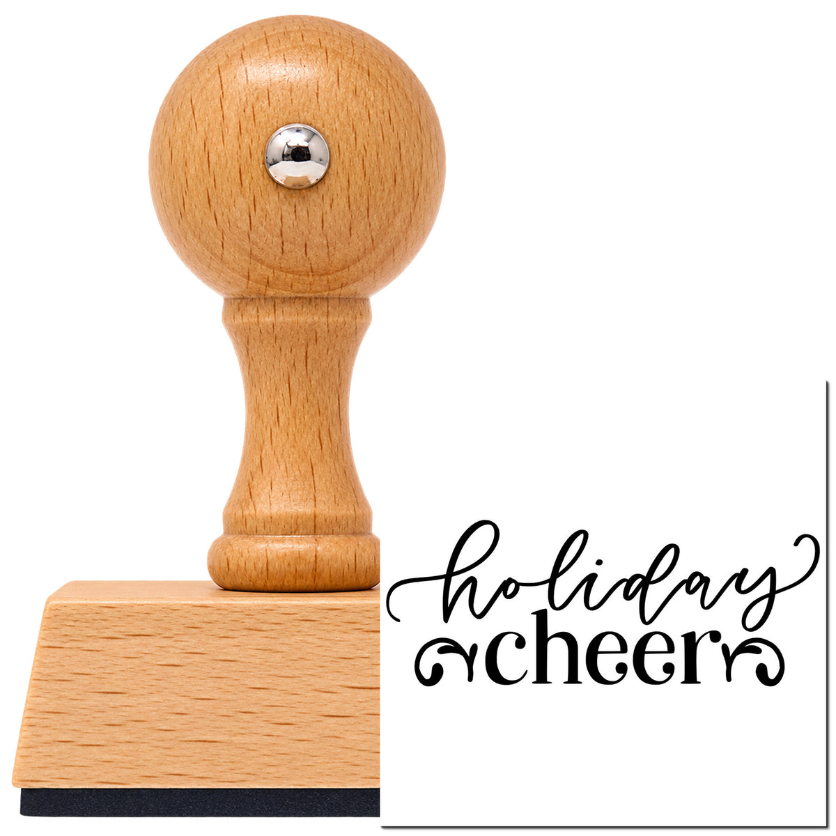 Holiday Cheer Flourishes Vintage Pro rubber stamp in European beech wood with a round knob handle, shown beside its black imprint.