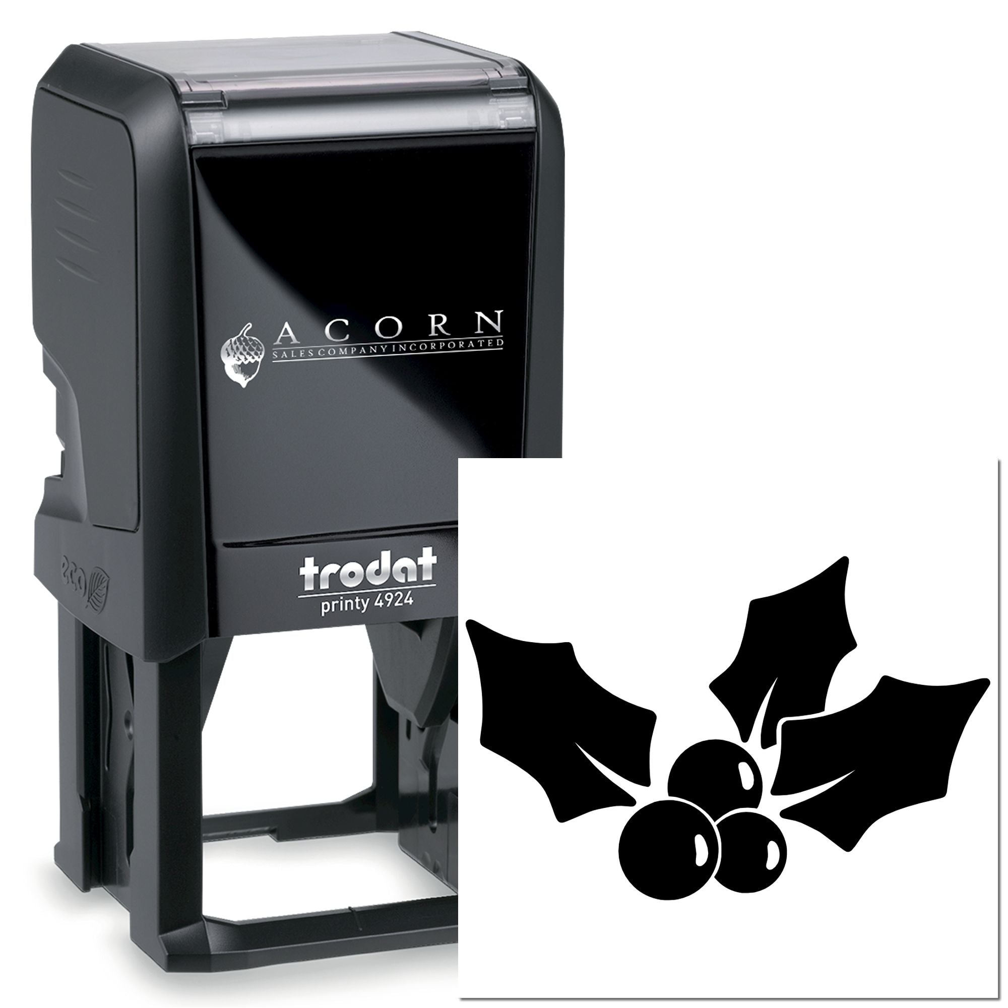 Trodat self-inking rubber stamp with holiday holly design for festive branding, custom business use, and seasonal office stamping.