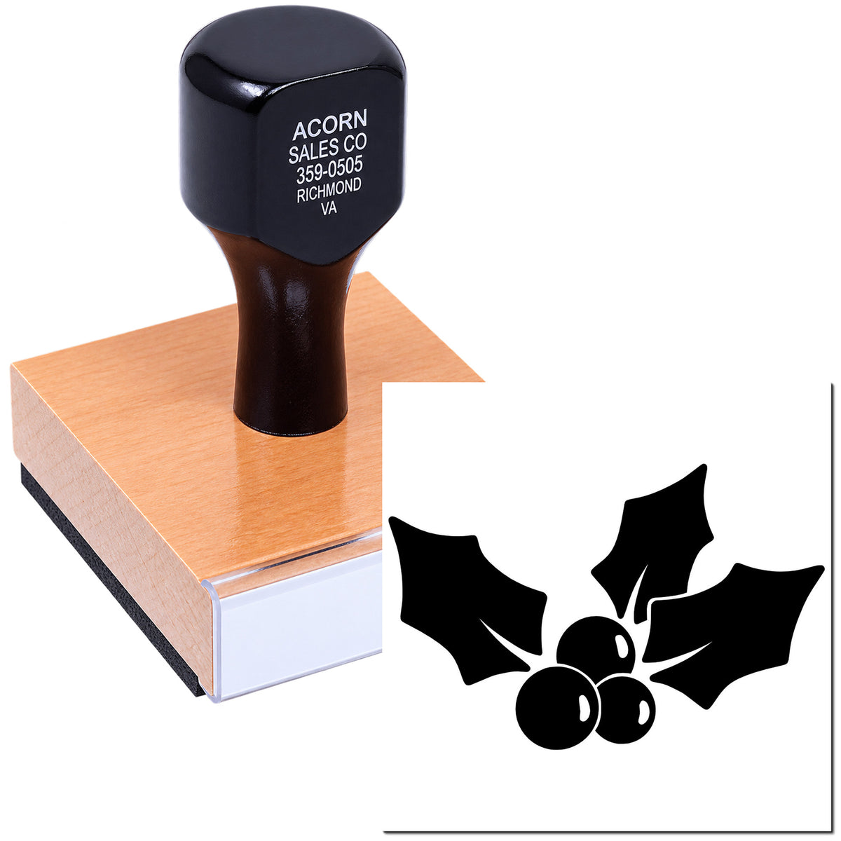 Custom rubber stamp with holly design for holiday cards, gift tags, and festive business branding.