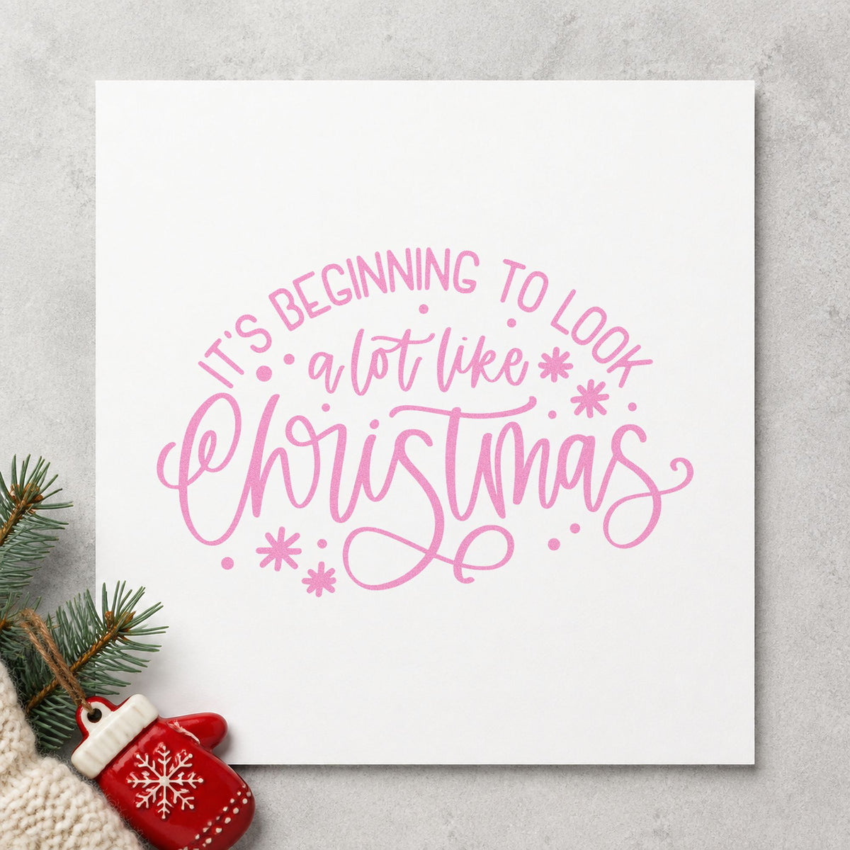 Beginning To Look Like Christmas craft stamp in purple ink on cardstock, an easy option for decor day album page.