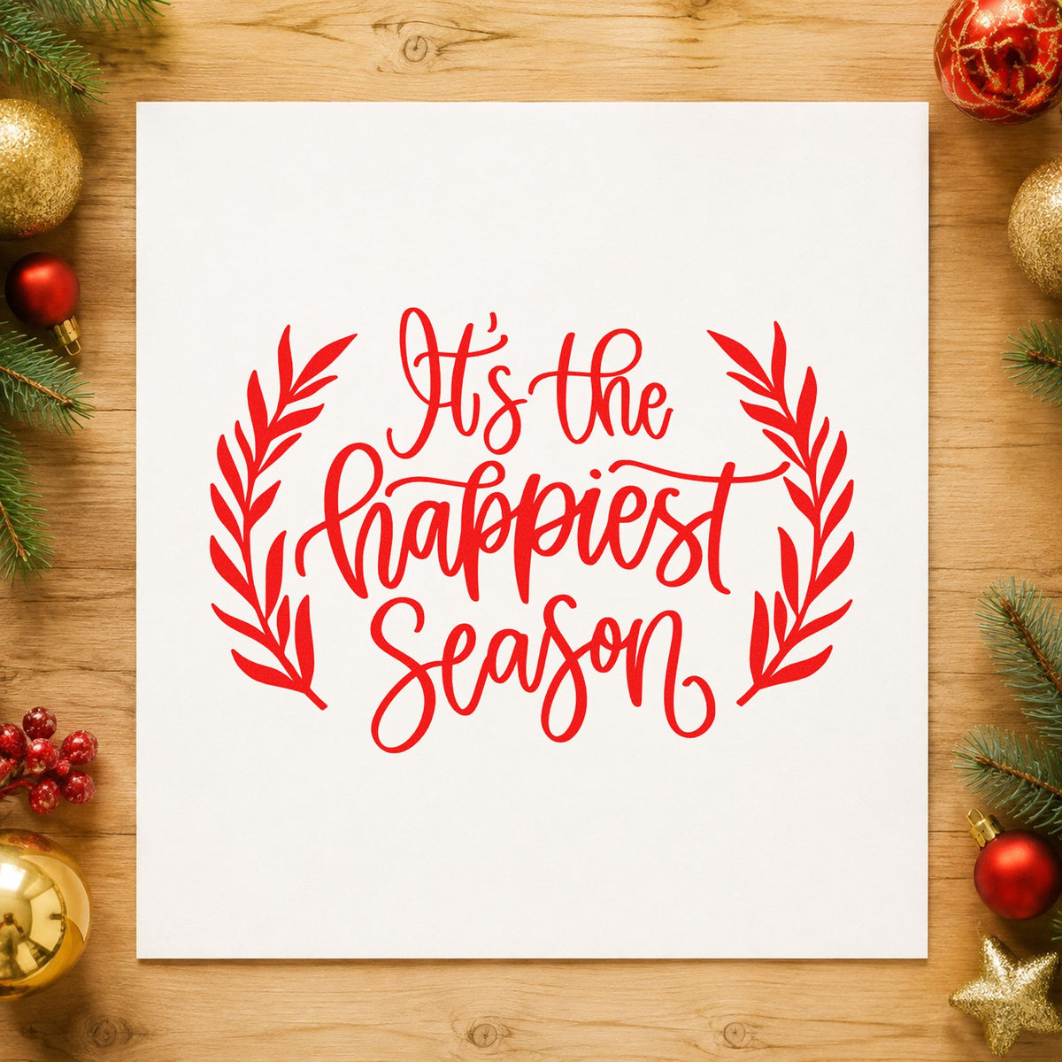 Happiest Season Leafy Frame craft stamp in red ink on cardstock, an easy option for canvas banner printing.