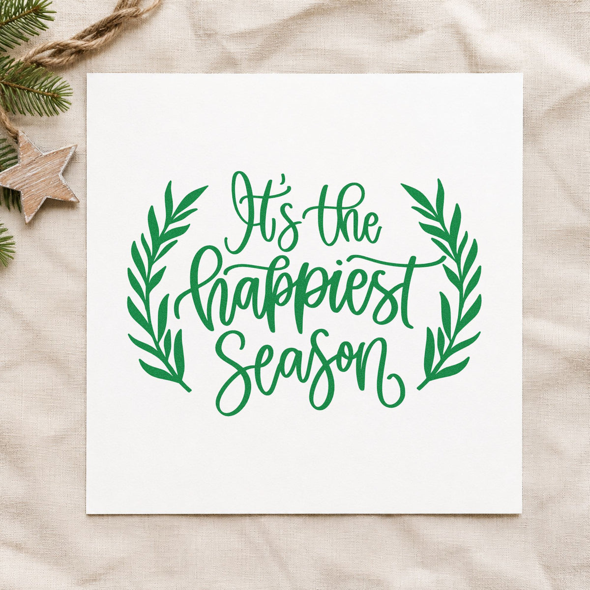 Happiest Season Leafy Frame craft stamp imprint in green ink on a handmade project, one idea being volunteer thank cards.
