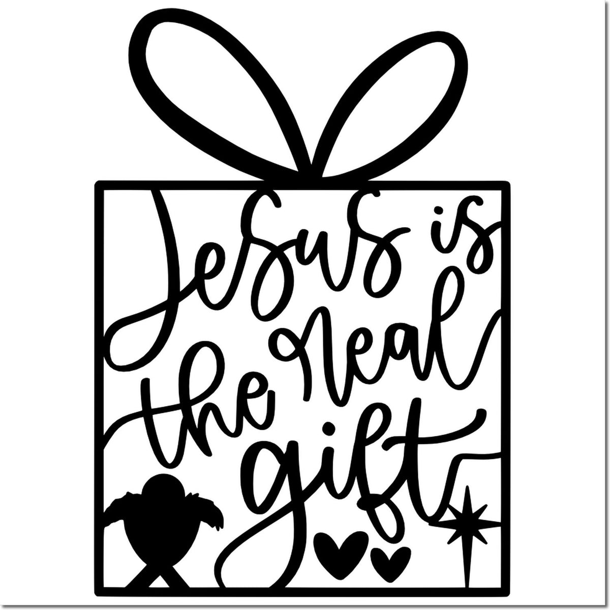 Jesus is the real gift Christian rubber stamp design with a wrapped present, hearts, and star for holiday crafts.