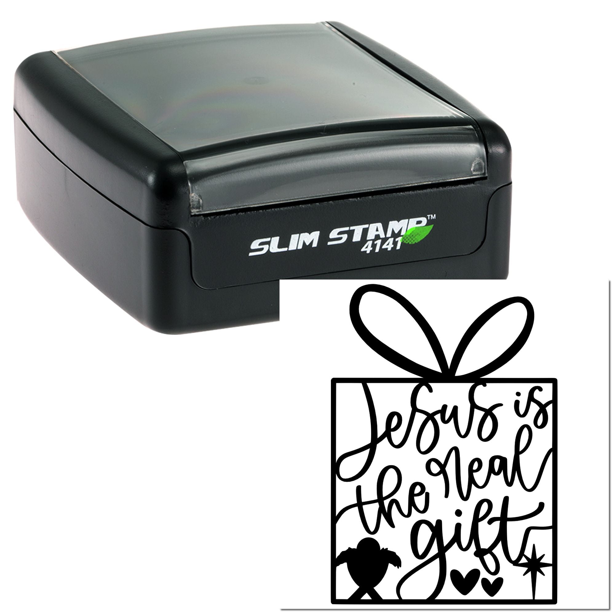 Self-inking Slim Stamp 4141 custom rubber stamp with Jesus is the great gift gift tag design