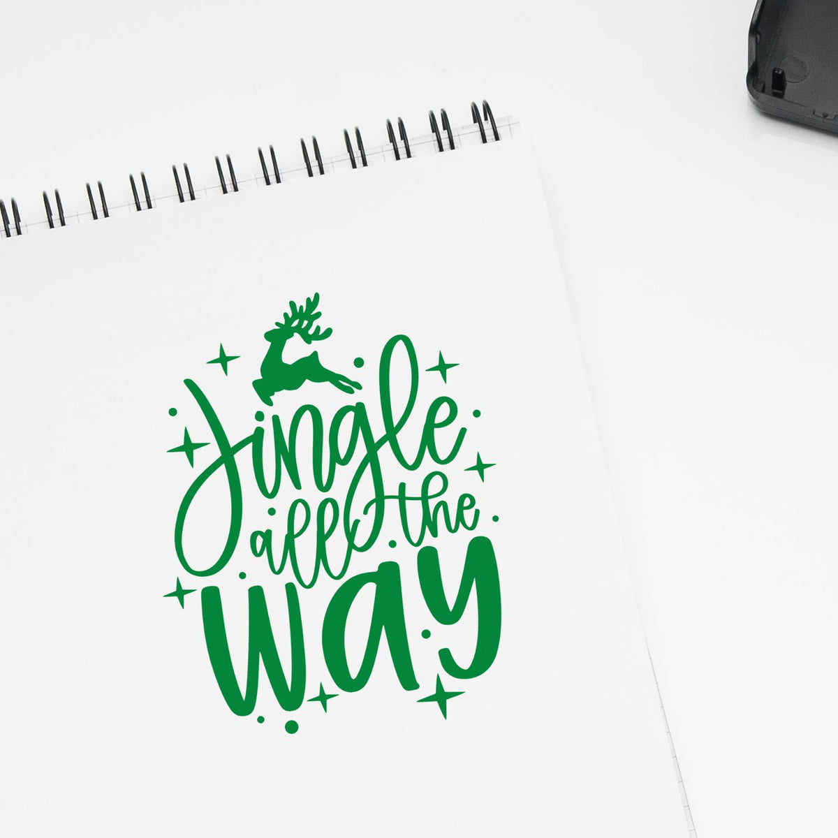Christmas rubber stamp design reading Jingle All the Way with reindeer, perfect for holiday cards, crafts, and seasonal projects.