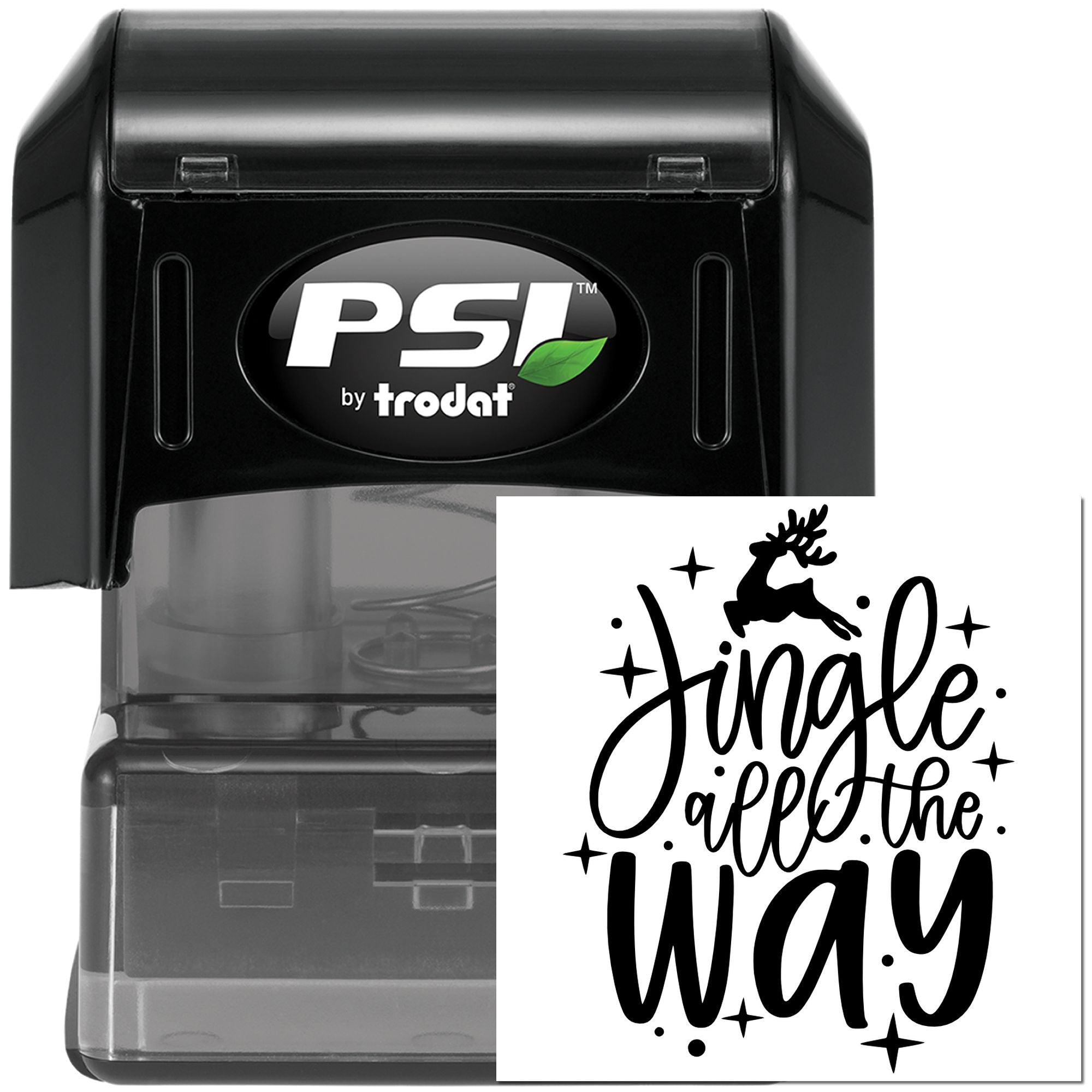 PSI by Trodat self-inking rubber stamp with custom Jingle All the Way Christmas design for holiday cards and gift packaging.