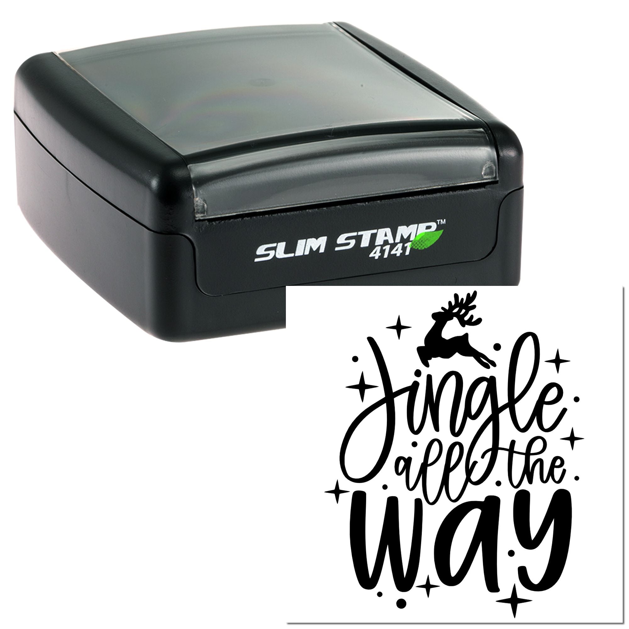 Self-inking holiday rubber stamp with Jingle all the Way reindeer design for Christmas cards and crafts.