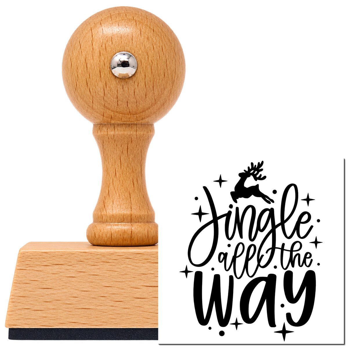 Jingle All The Way Reindeer With Stars Vintage Pro rubber stamp in European beech wood with a round knob handle, shown beside its black imprint.