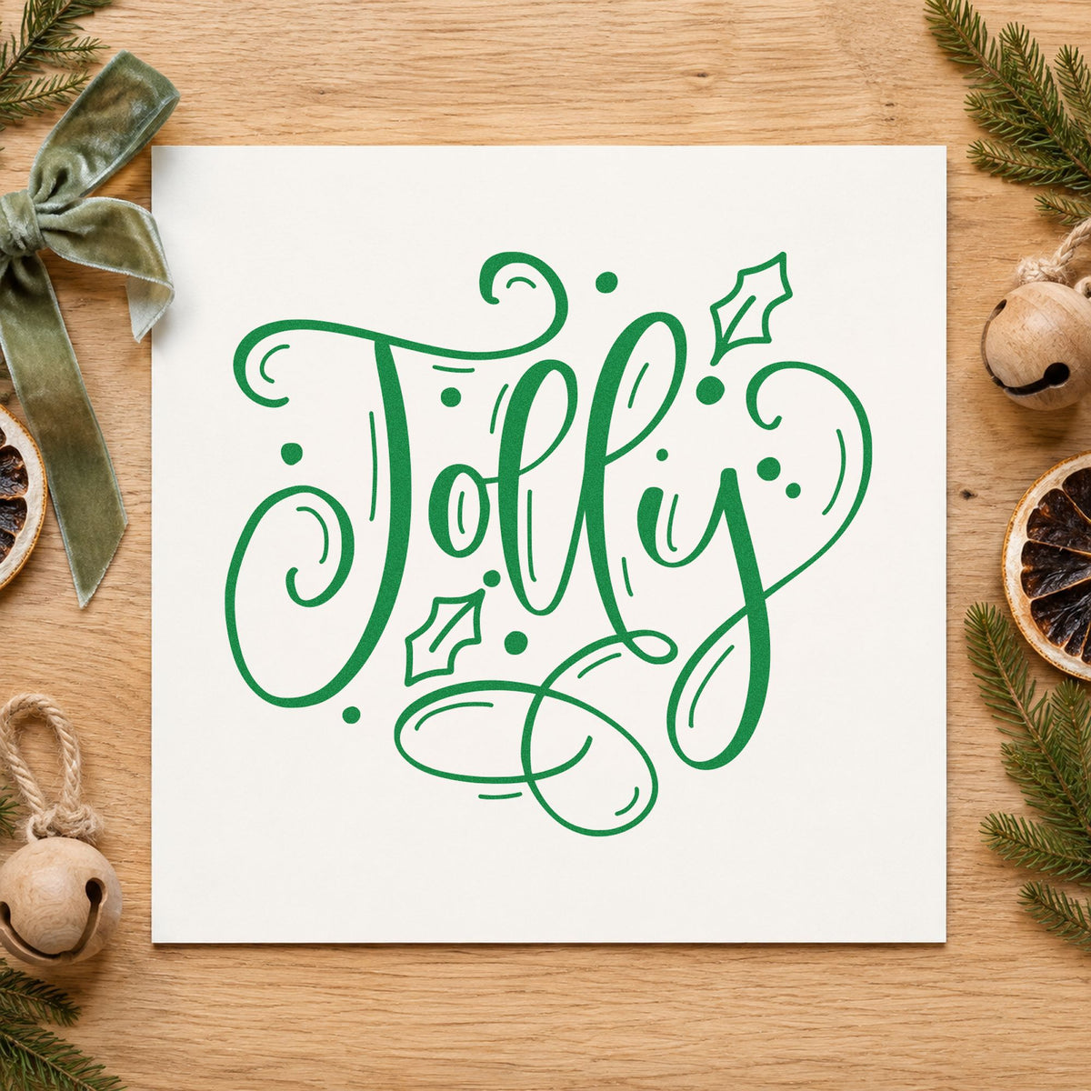 Jolly With Holly craft stamp imprinted in green ink on paper, a design suited to framed shelf letters.