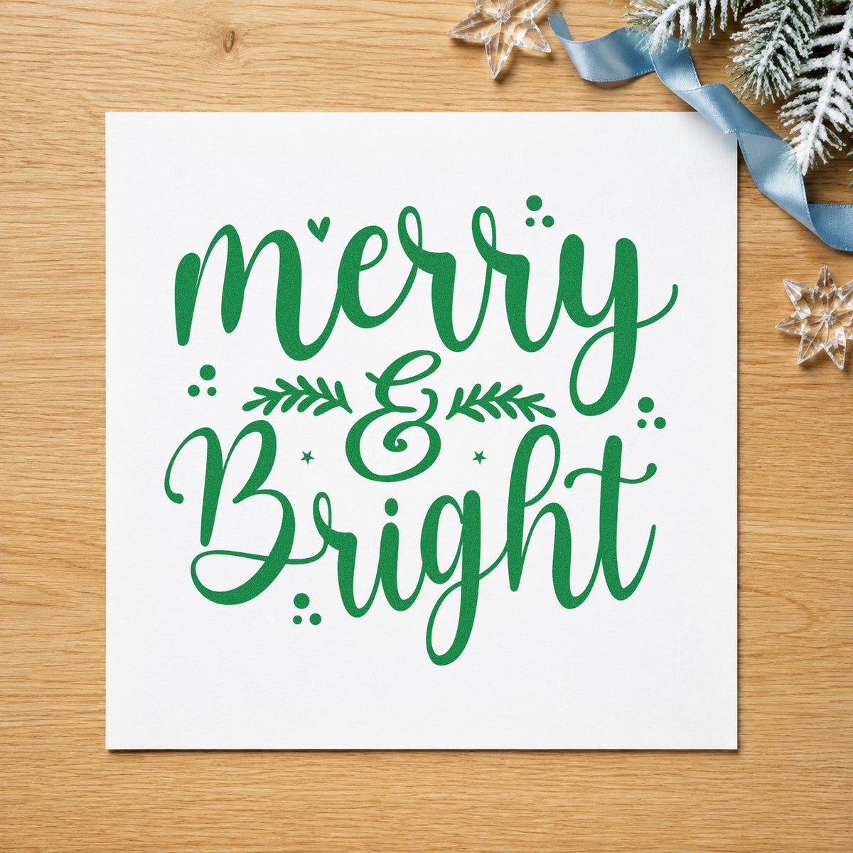 Merry And Bright Leaves craft stamp imprint in green ink on a handmade project, one idea being buffet card holders.