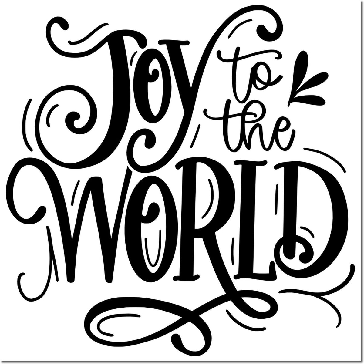 Joy to the World decorative Christmas rubber stamp design with elegant black hand-lettered typography.