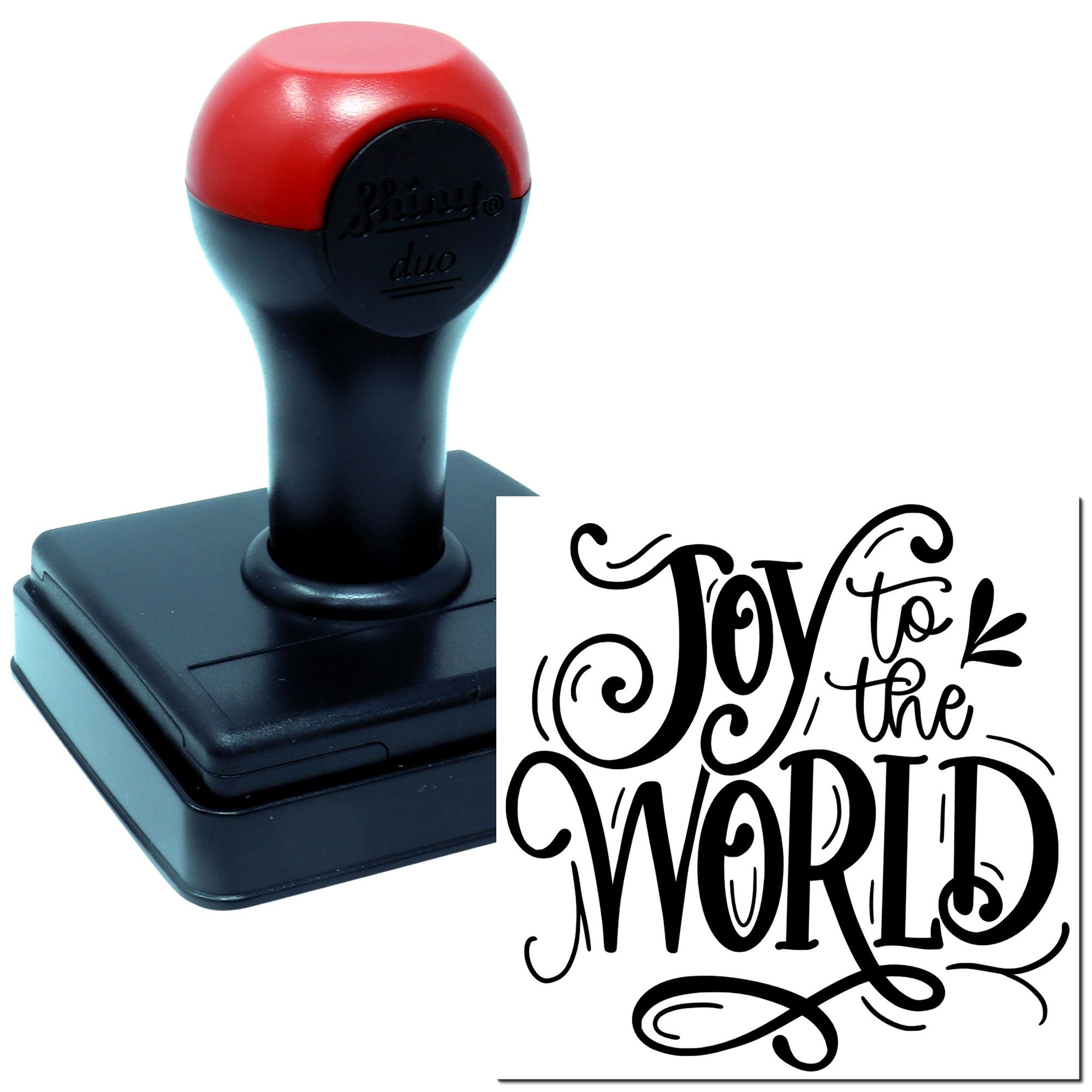 Self-inking rubber stamp with Joy to the World calligraphy for Christmas cards, holiday crafts, and scrapbooking.