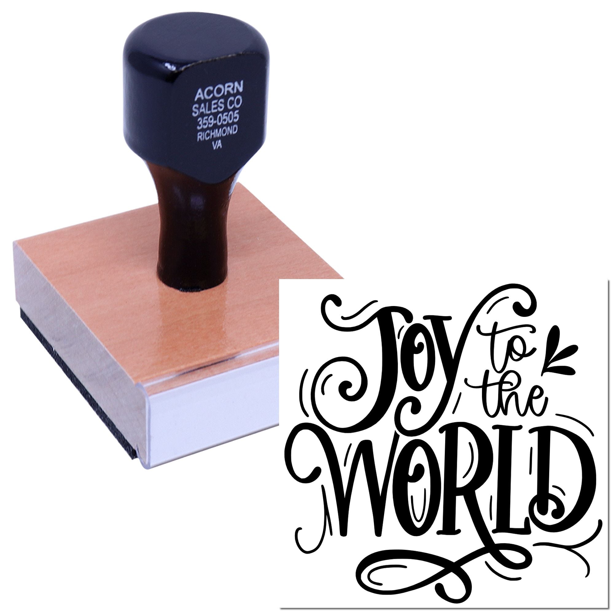 Custom rubber stamp featuring Joy to the World holiday design on a mounted wood stamp block.