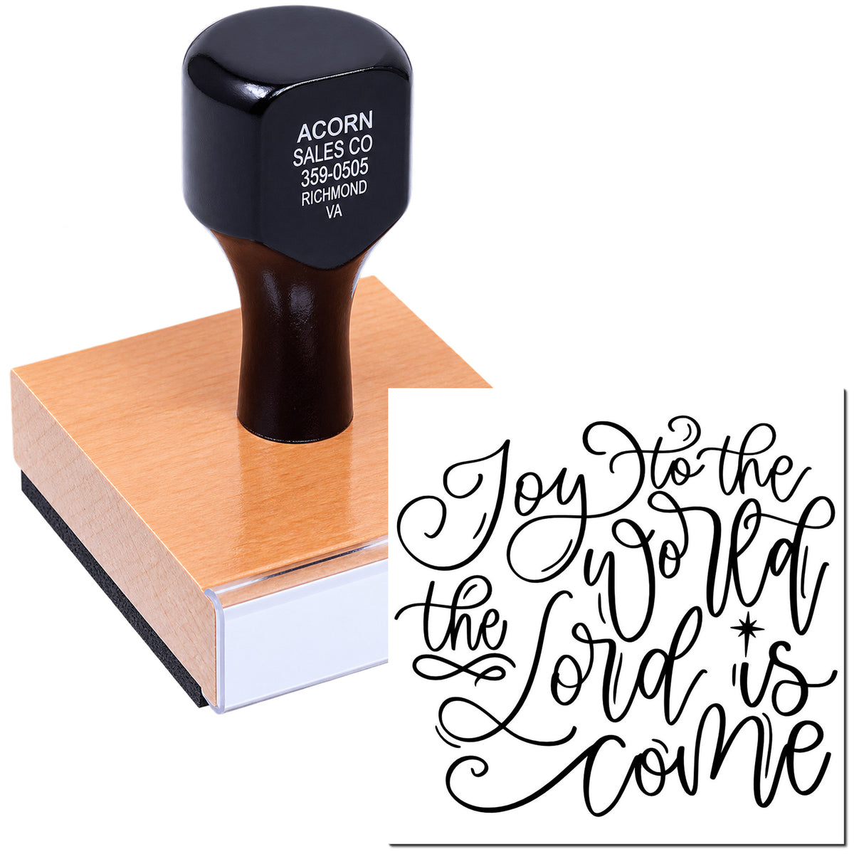 Christmas rubber stamp with Joy to the World, the Lord is Come calligraphy for holiday cards and faith-based crafts