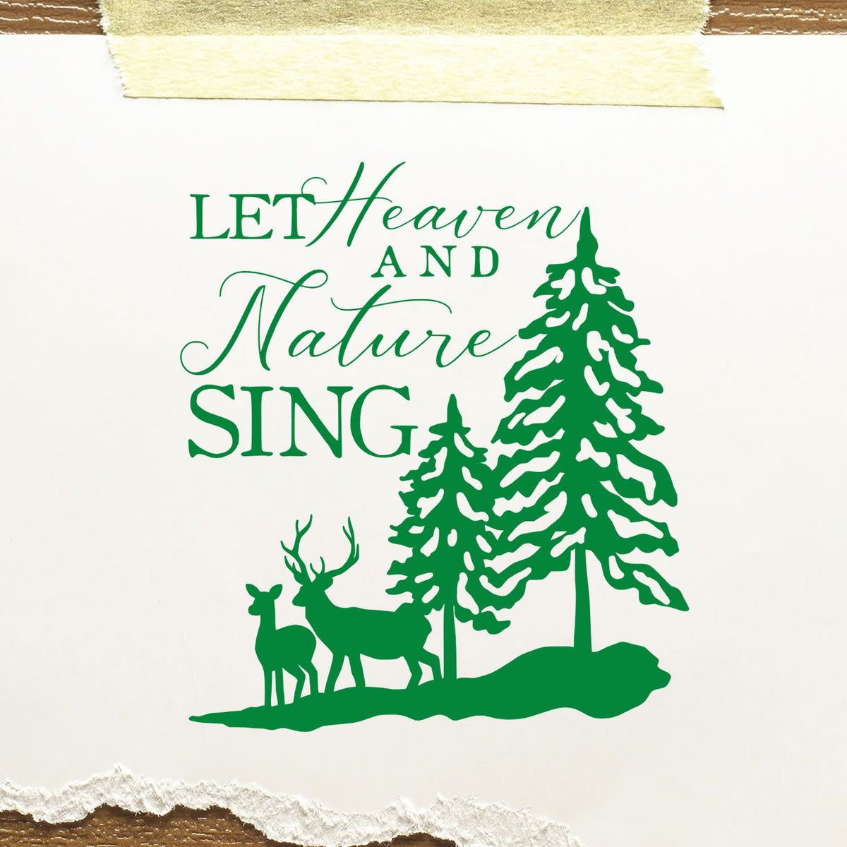 Let Heaven and Nature Sing rubber stamp design with pine trees and deer, ideal for Christmas card making and holiday crafts.