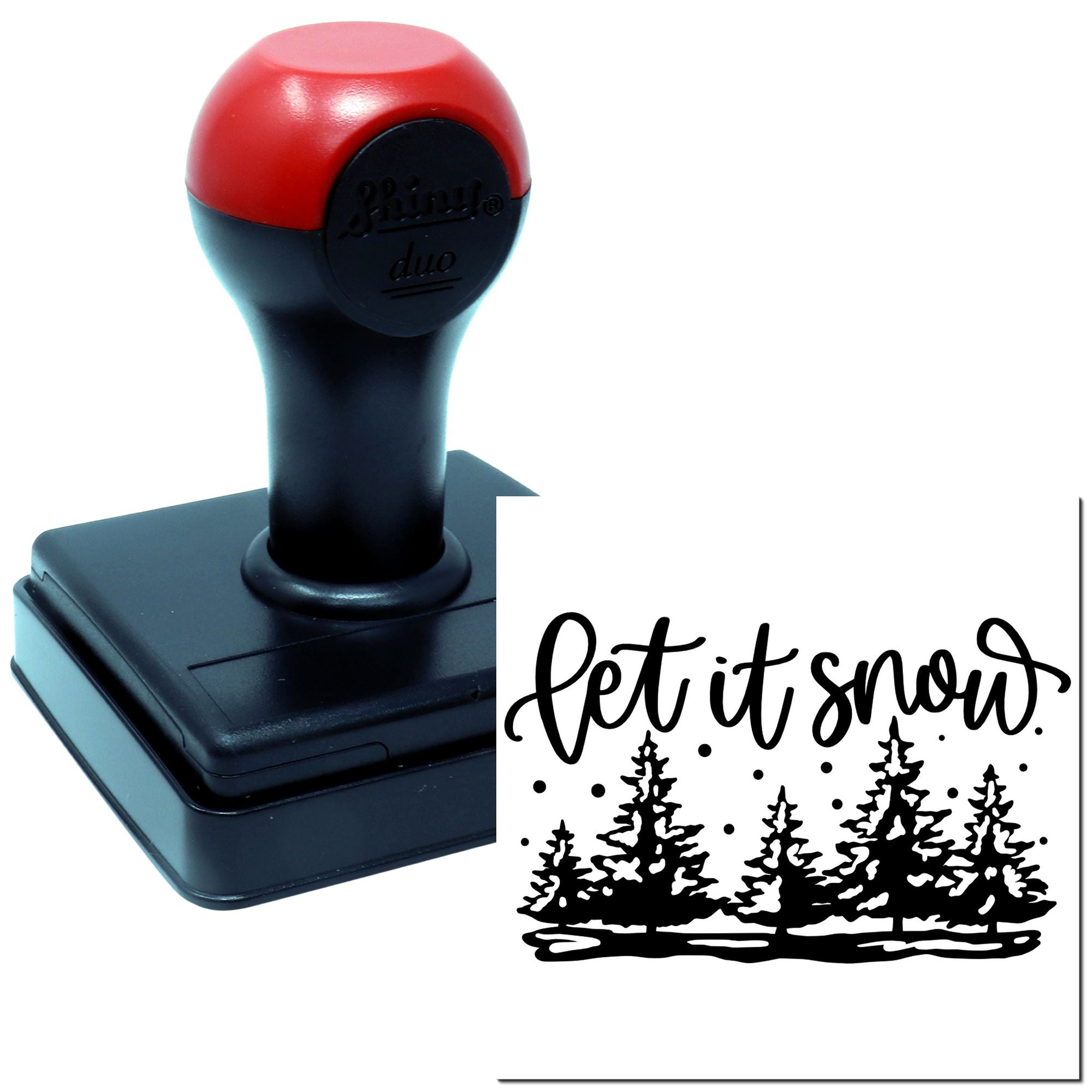 Self-inking rubber stamp showing a let it snow winter tree design for holiday cards, crafts, and stamping.