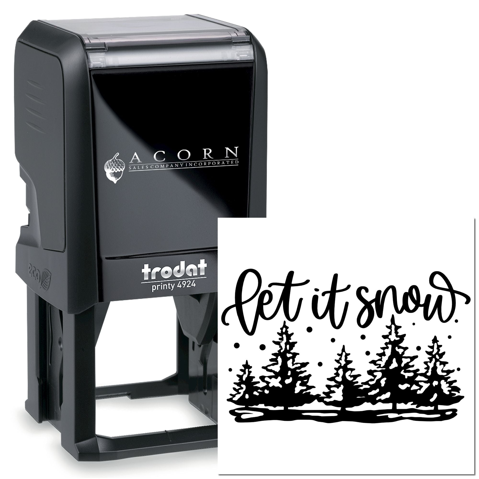 Custom self-inking rubber stamp with winter let it snow tree design, ideal for holiday cards, crafts, and packaging.