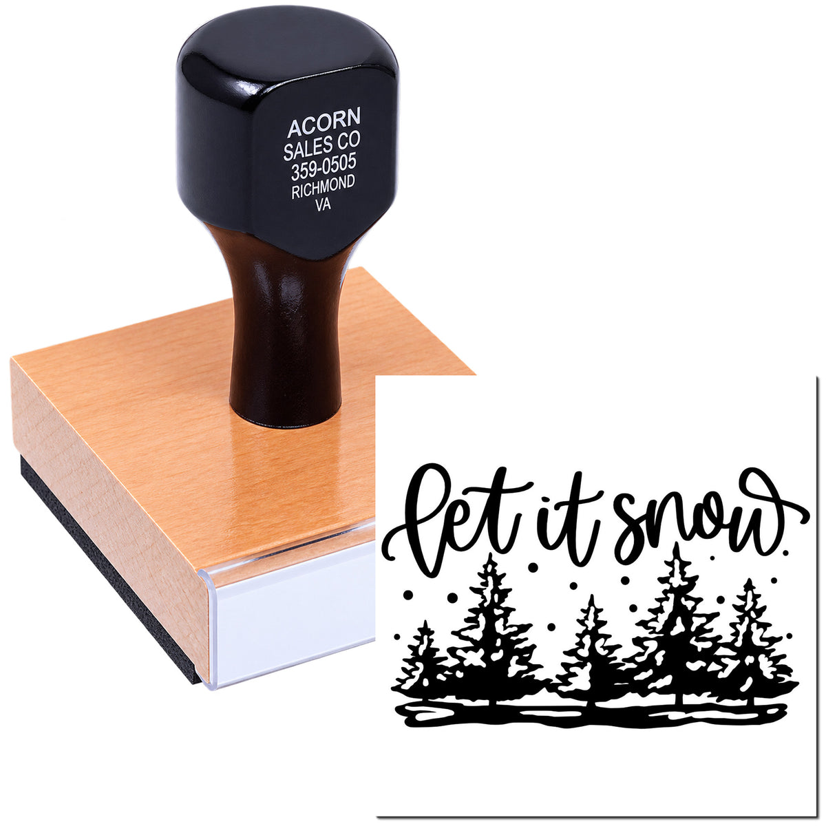 Custom rubber stamp with Let It Snow winter tree design, perfect for holiday card making and seasonal crafts.