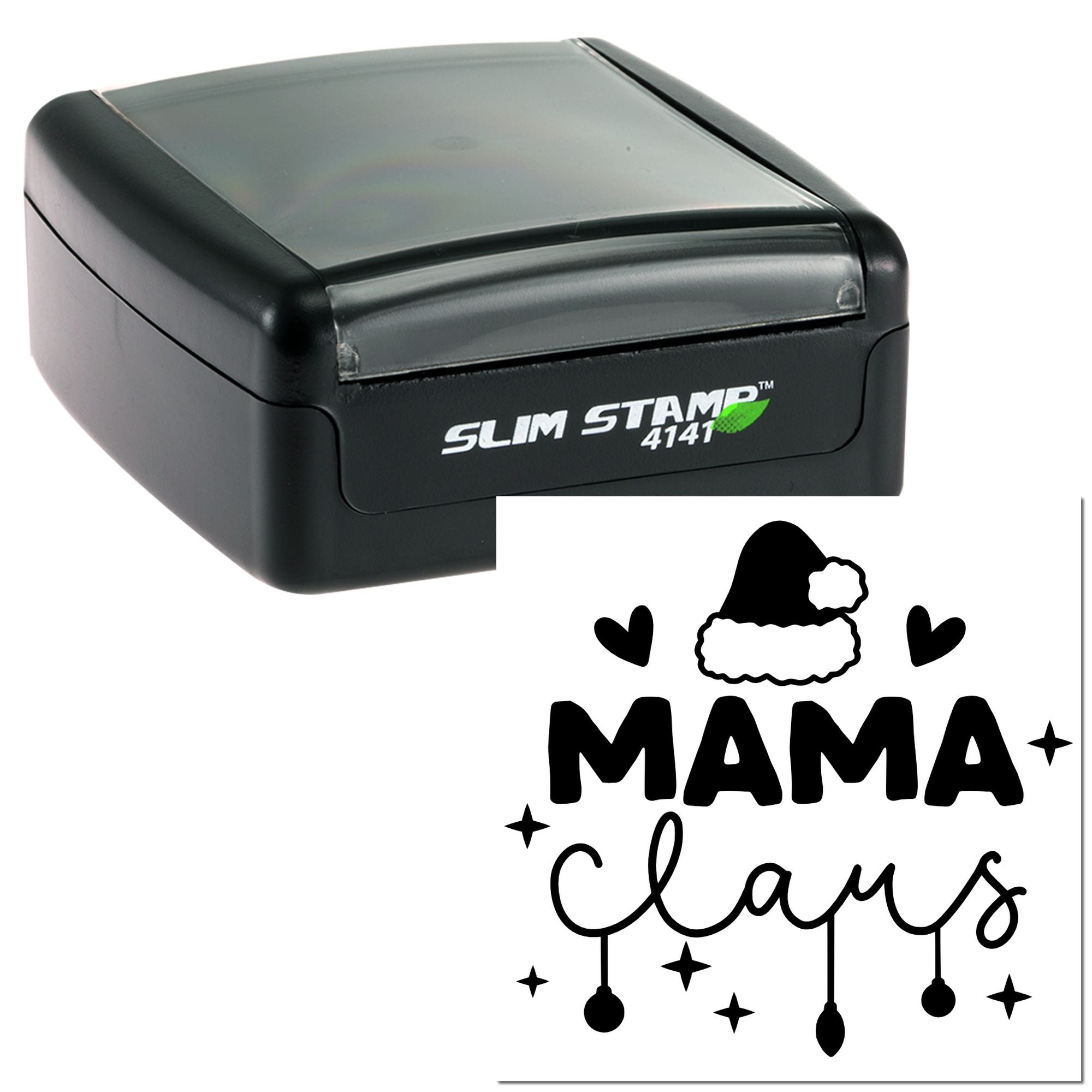 Self-inking rubber stamp with MAMA Claus holiday design, Santa hat, hearts, and sparkles for festive custom stamping.