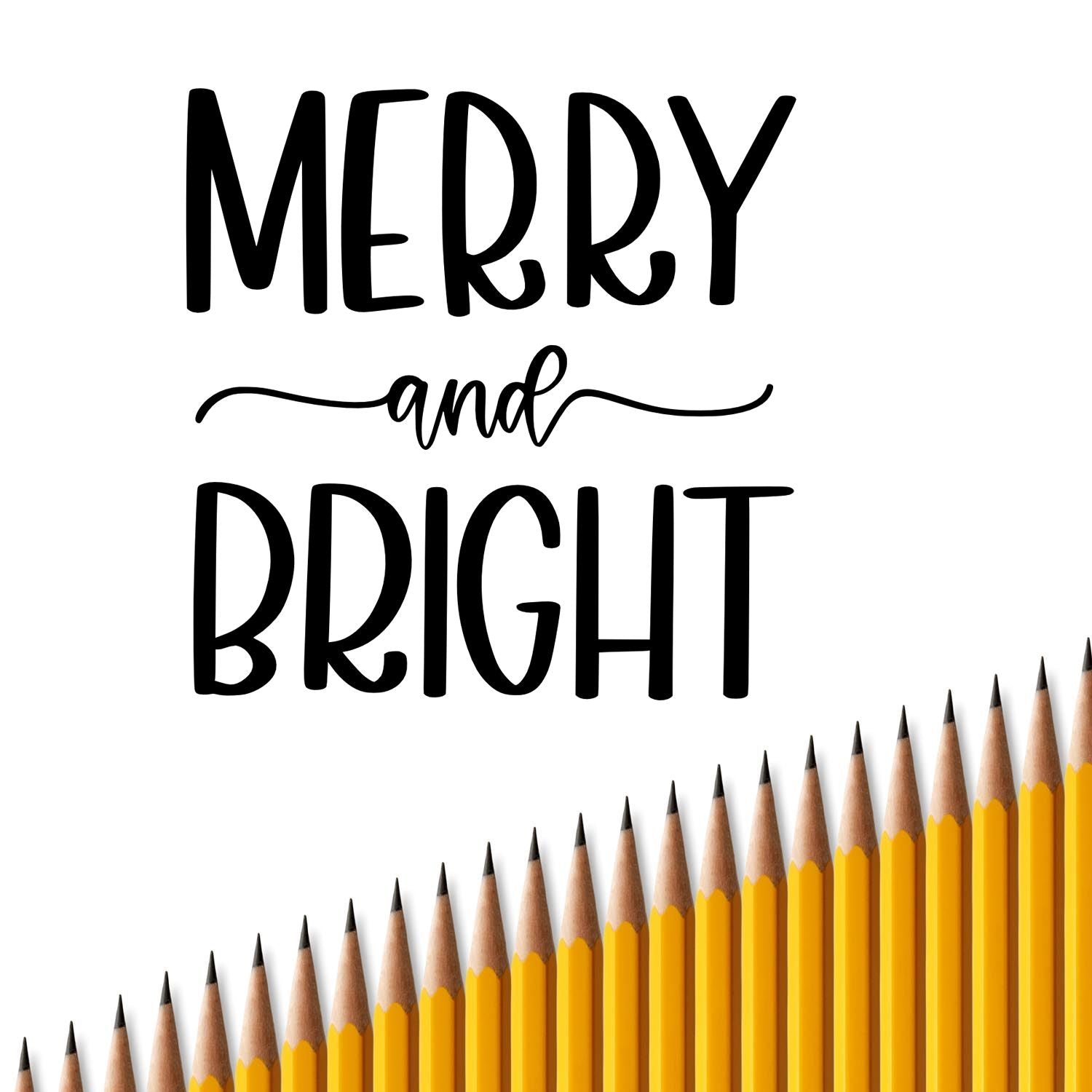 Merry and Bright Christmas rubber stamp design with playful lettering and pencil border for festive classroom crafts.
