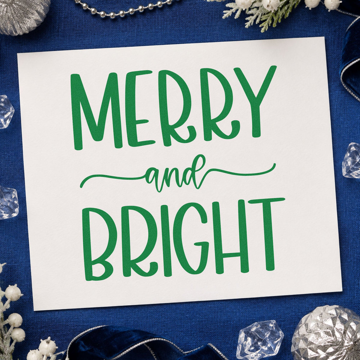 Merry And Bright Simple craft stamp imprint in green ink on a handmade project, one idea being marquee board signs.