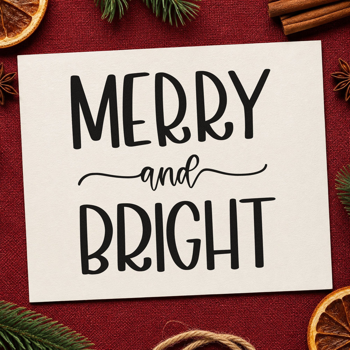 Merry And Bright Simple rubber stamp printed in black ink, ready for tall type cards and similar paper crafts.