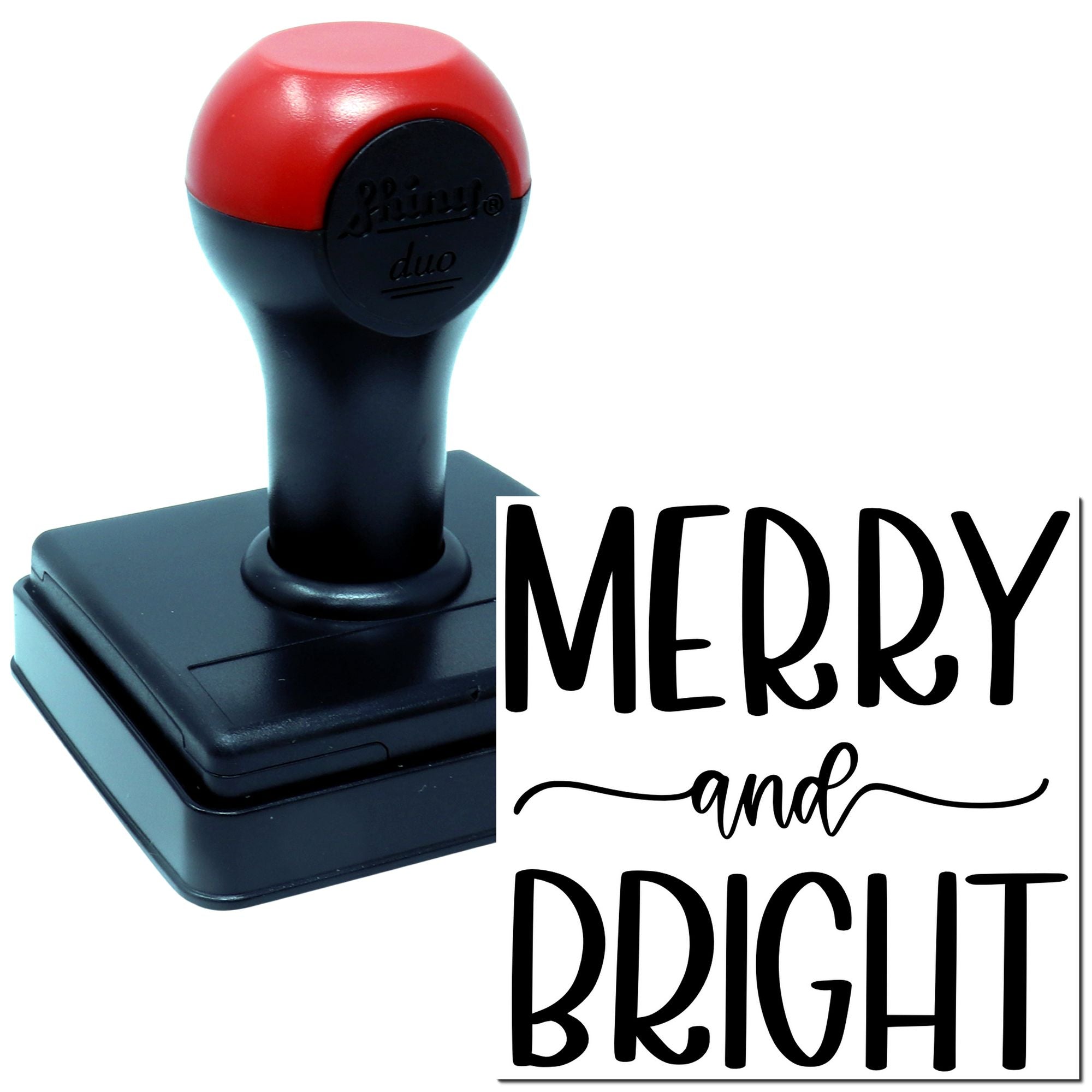 Merry and Bright rubber stamp with self-inking handle for holiday cards, gift tags, and festive packaging