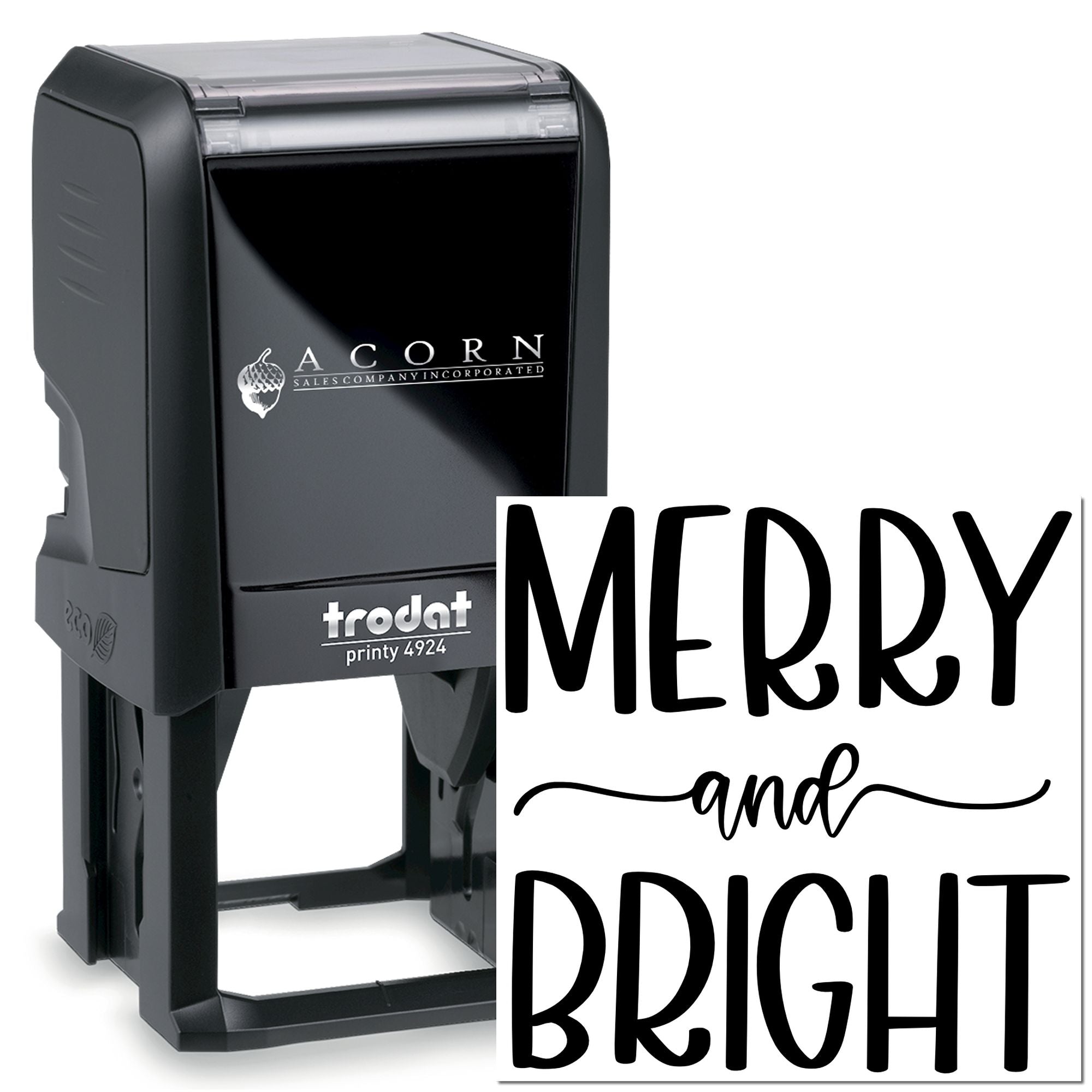 Trodat Printy 4924 self-inking rubber stamp with Merry and Bright design for holiday cards and custom branding.