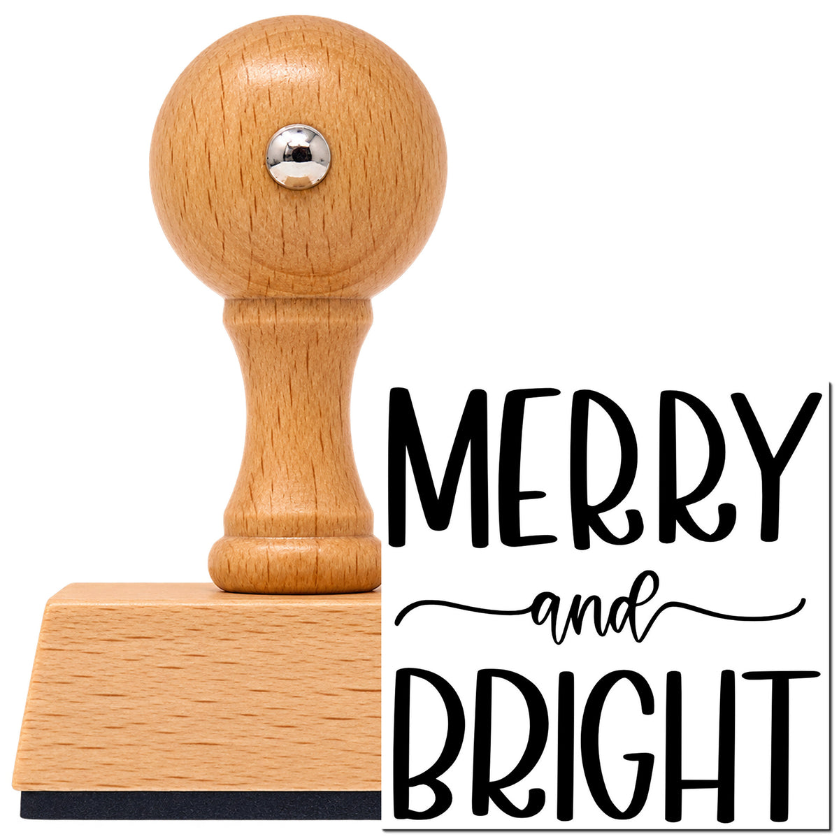 Merry And Bright Simple Frame Accent Vintage Pro rubber stamp in European beech wood with a round knob handle, shown beside its black imprint.