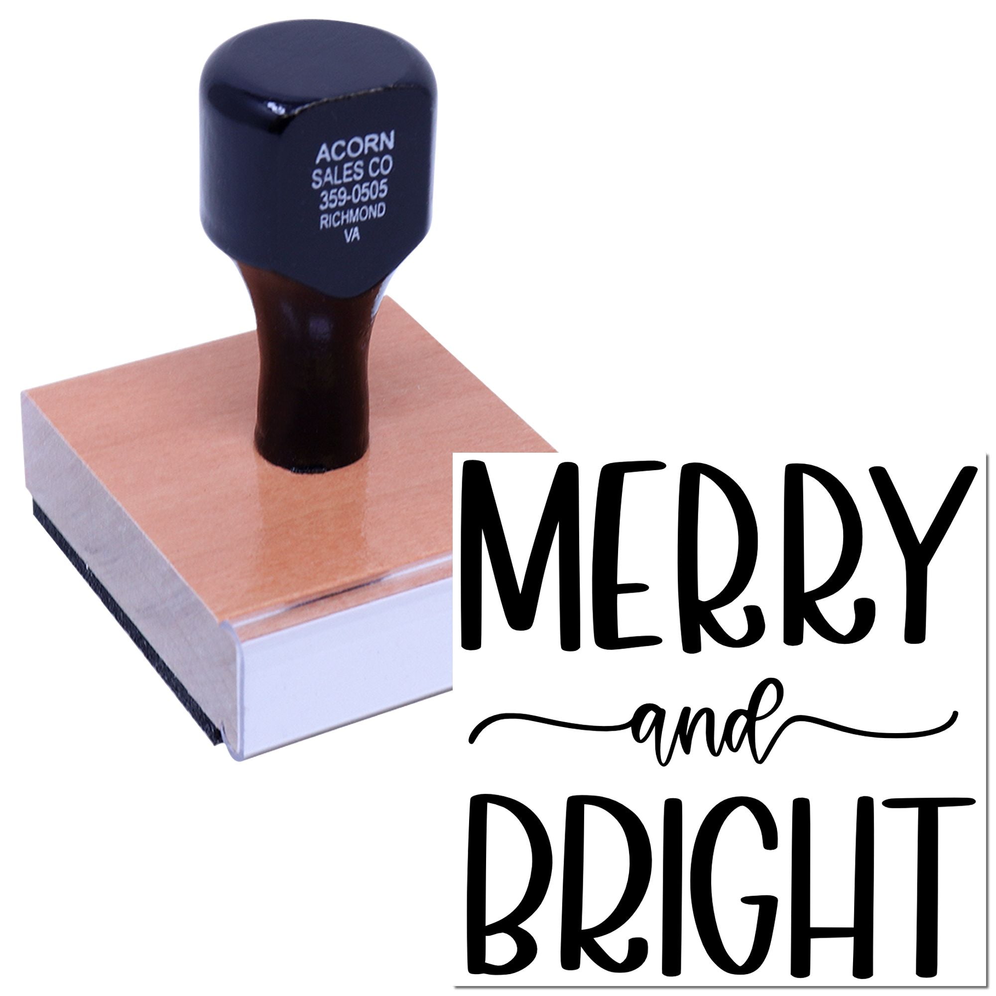 Merry and Bright rubber stamp on wooden block, ideal for holiday card making, scrapbooking, and festive craft projects.