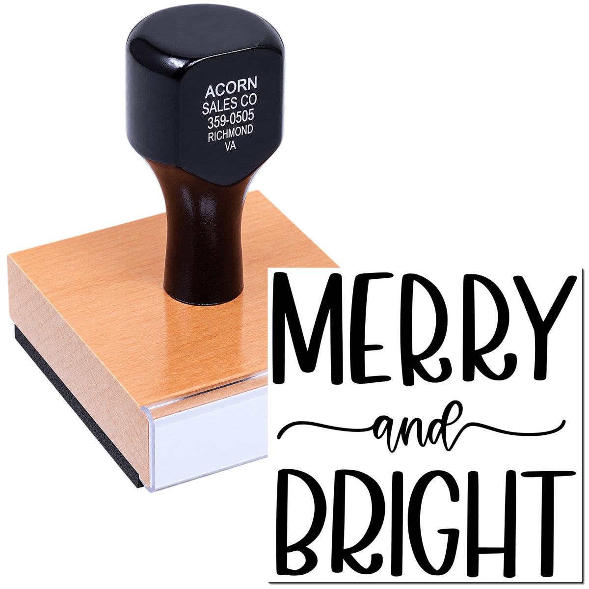 Merry and Bright rubber stamp on wooden block, ideal for holiday card making, scrapbooking, and festive craft projects.