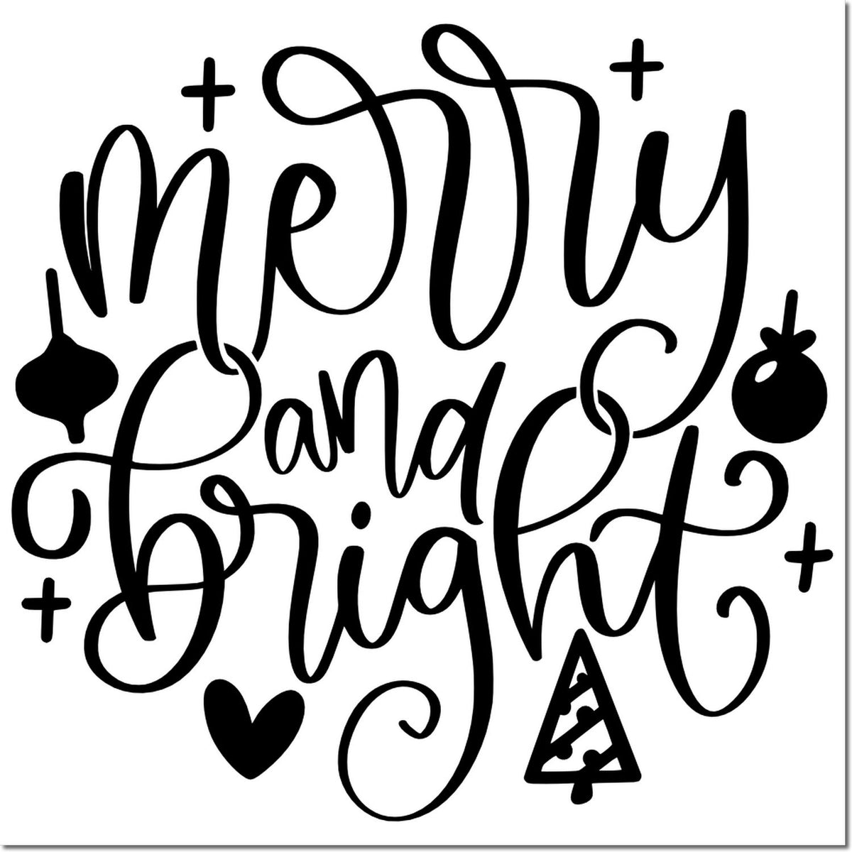 Merry and Bright Christmas rubber stamp design with decorative script, ornaments, heart, and tree accents