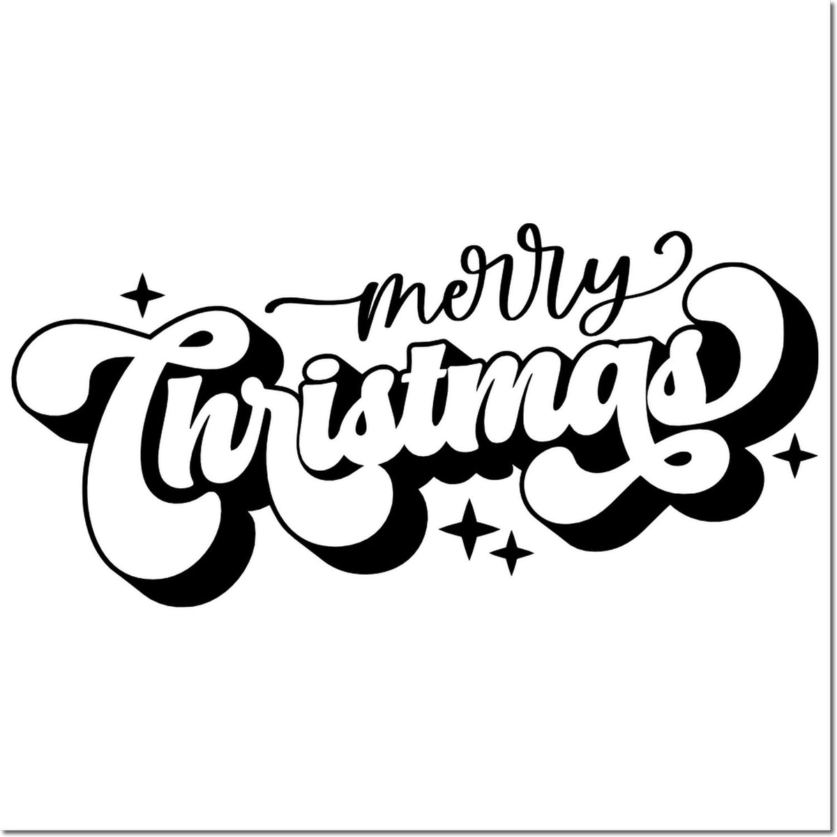 Merry Christmas rubber stamp design with bold festive script and decorative stars for holiday card making.