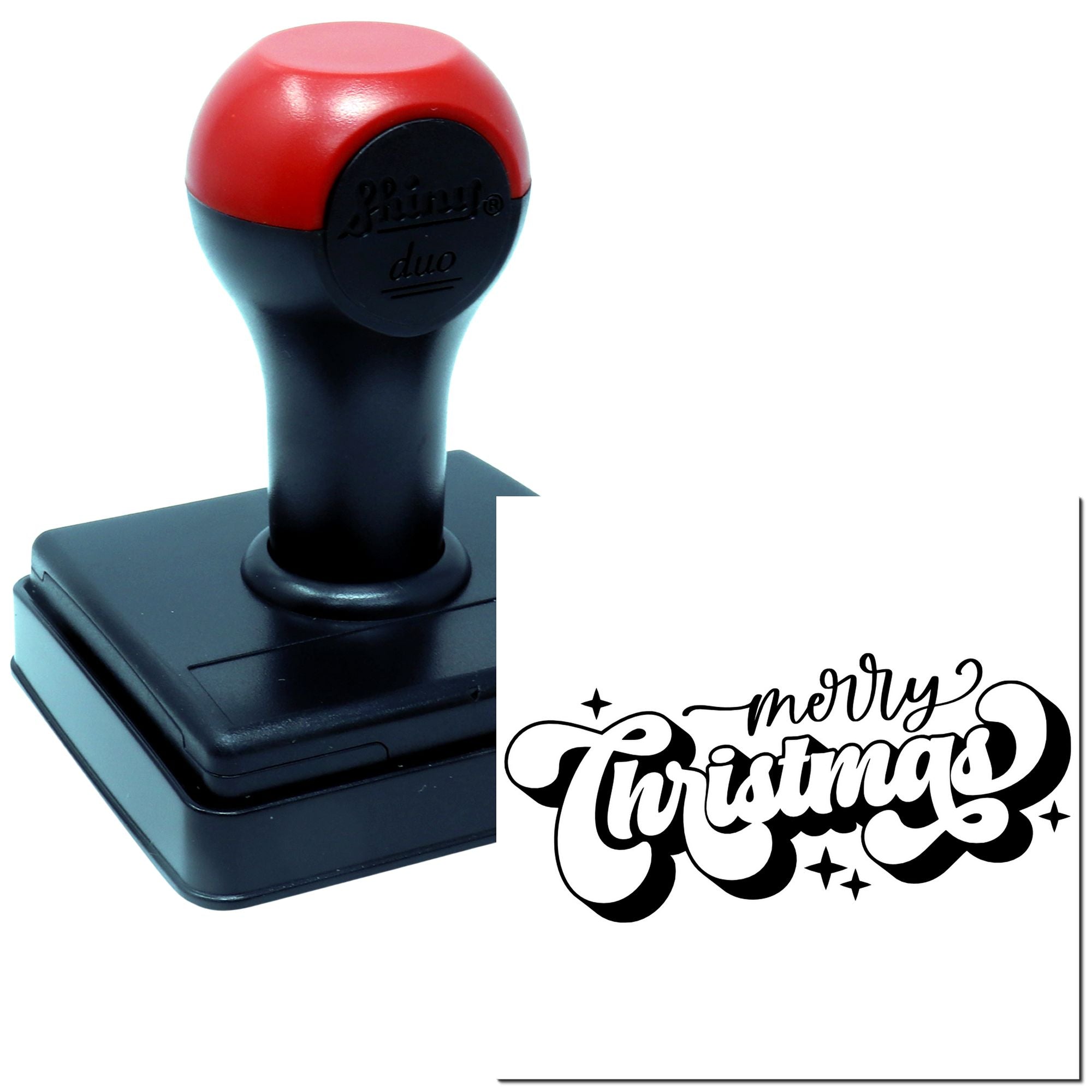 Self-inking Merry Christmas rubber stamp for holiday cards, crafting, and seasonal packaging.