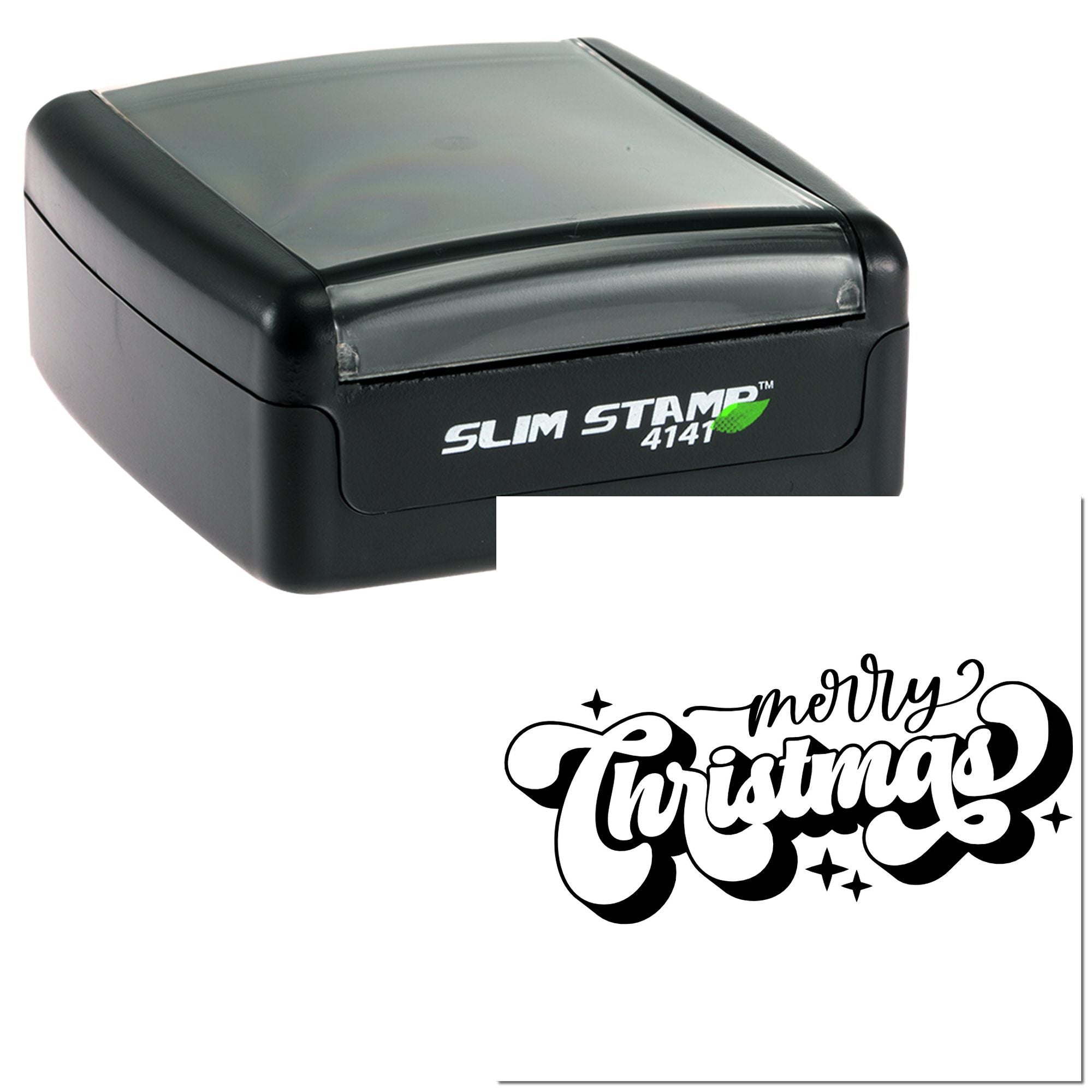 Merry Christmas self-inking rubber stamp, Slim Stamp 4141, for holiday cards, gift packaging, and festive crafts.