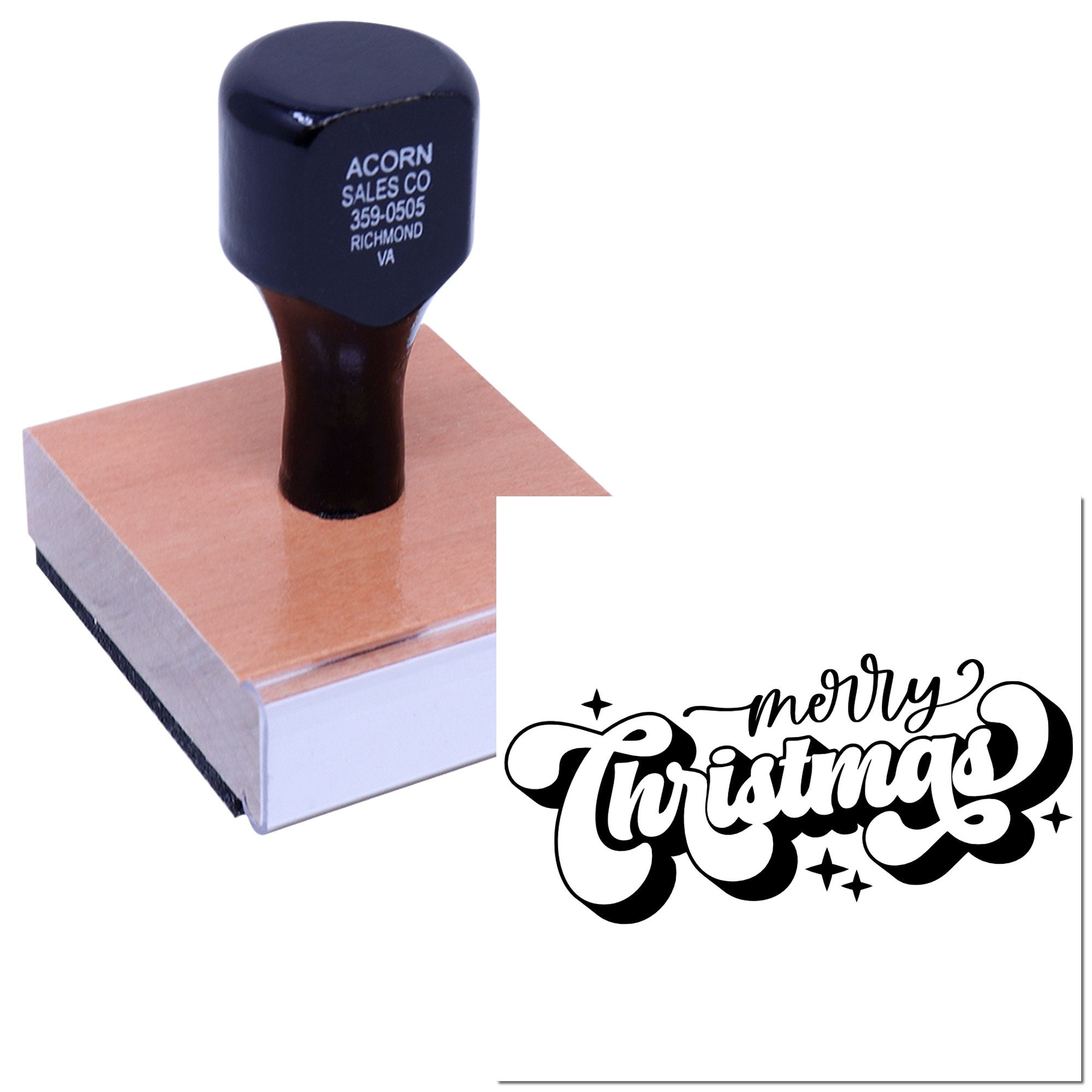 Custom rubber stamp imprinting a Merry Christmas holiday greeting for festive card making and branding