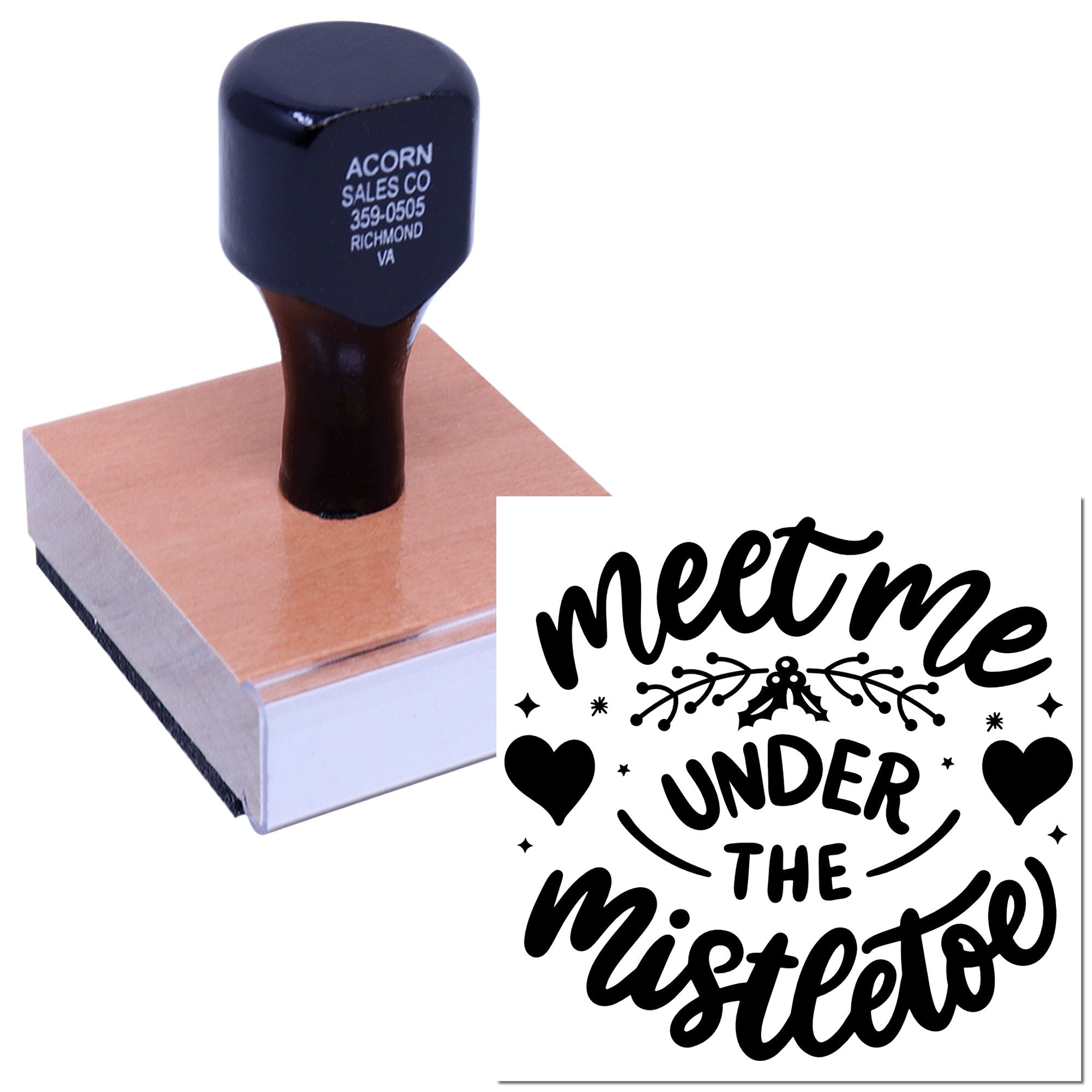 Personalized rubber stamp with Meet Me Under the Mistletoe design, perfect for Christmas cards, gift tags, and holiday crafts.