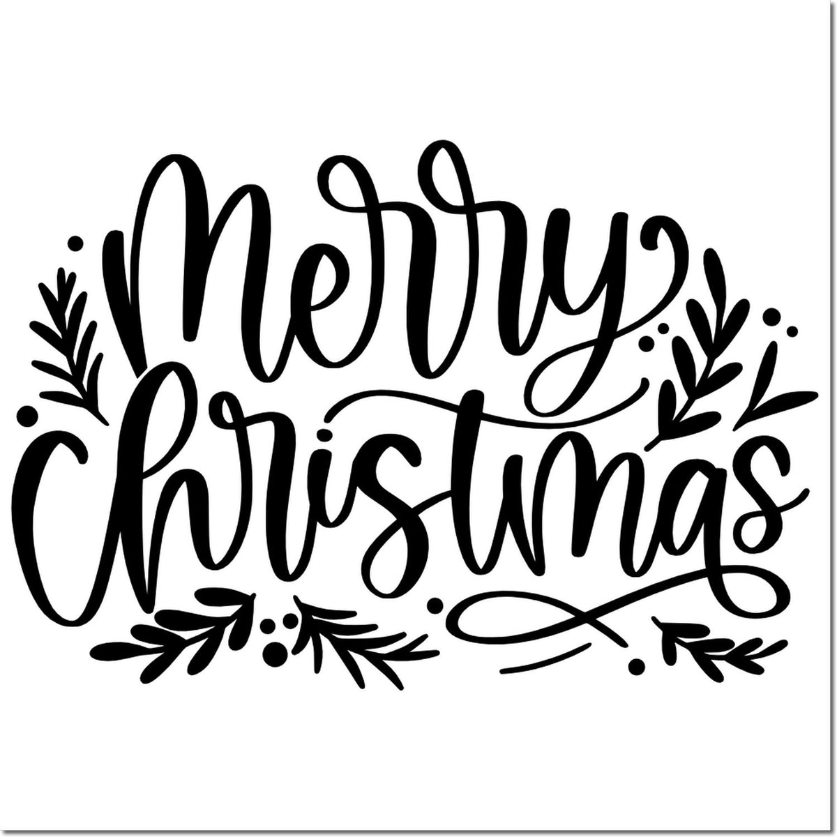 Merry Christmas decorative rubber stamp design with festive script and floral flourishes for holiday card making.