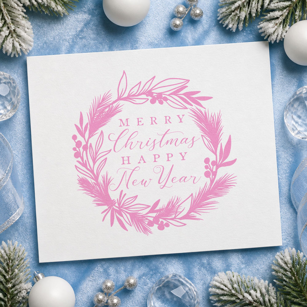 Christmas New Year Botanical Wreath craft stamp in purple ink on cardstock, an easy option for year end album page.