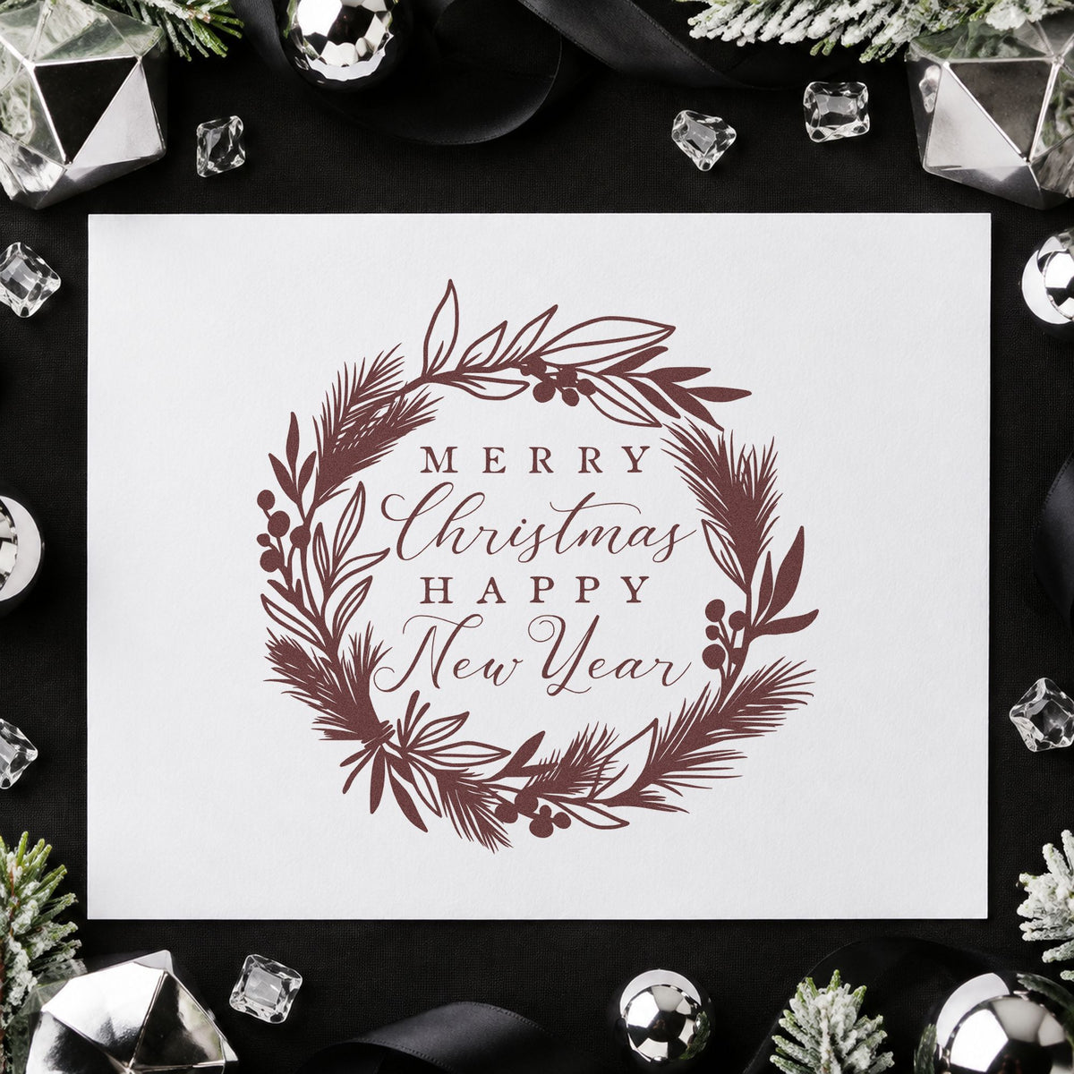 Botanical Wreath Holiday New Year Lettering Slim Pre-Inked Stamp in use 4